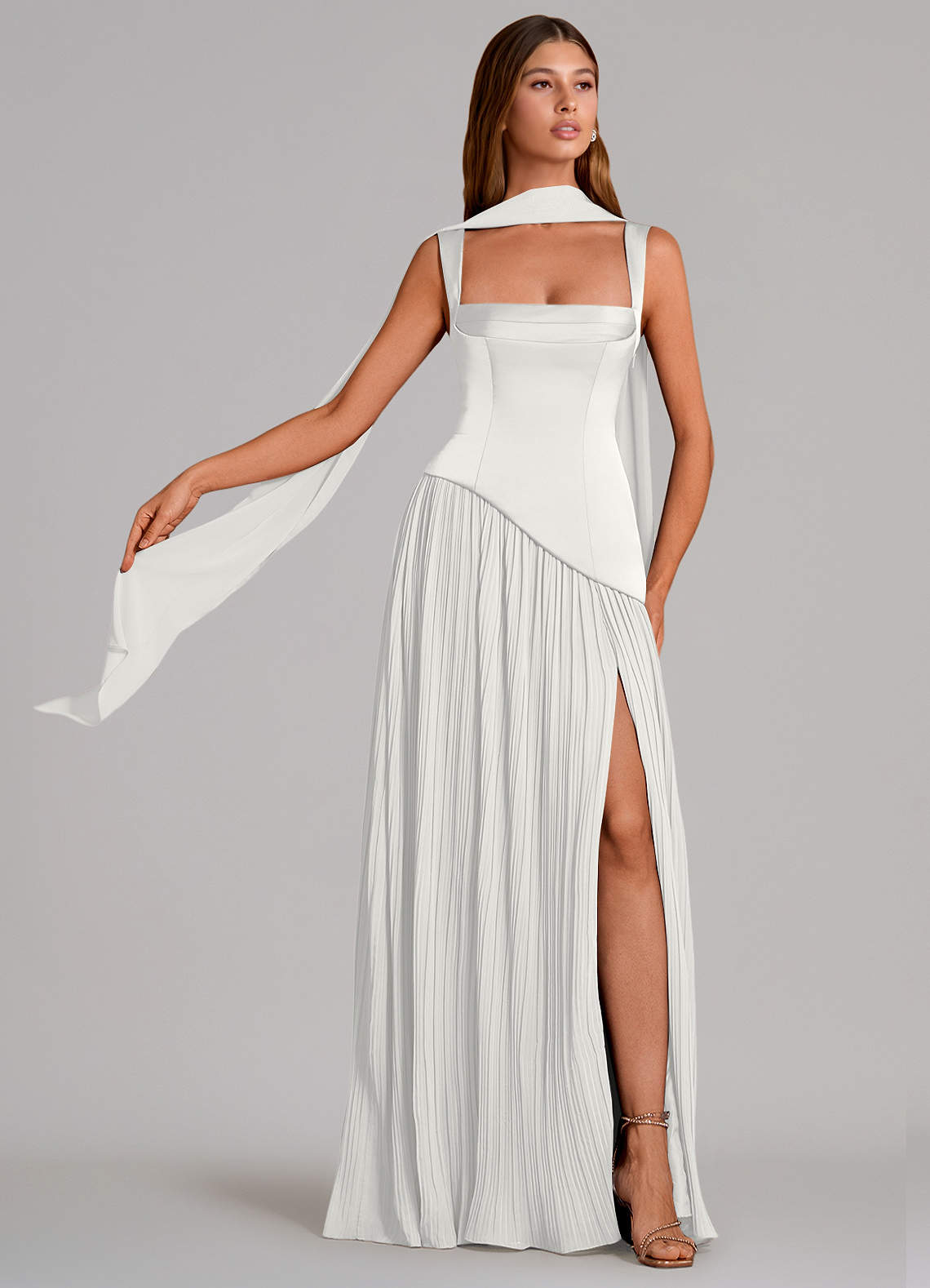 Stephanie A-Line Square-Neck Stretch Satin and Chiffon Bridesmaid Dress in white