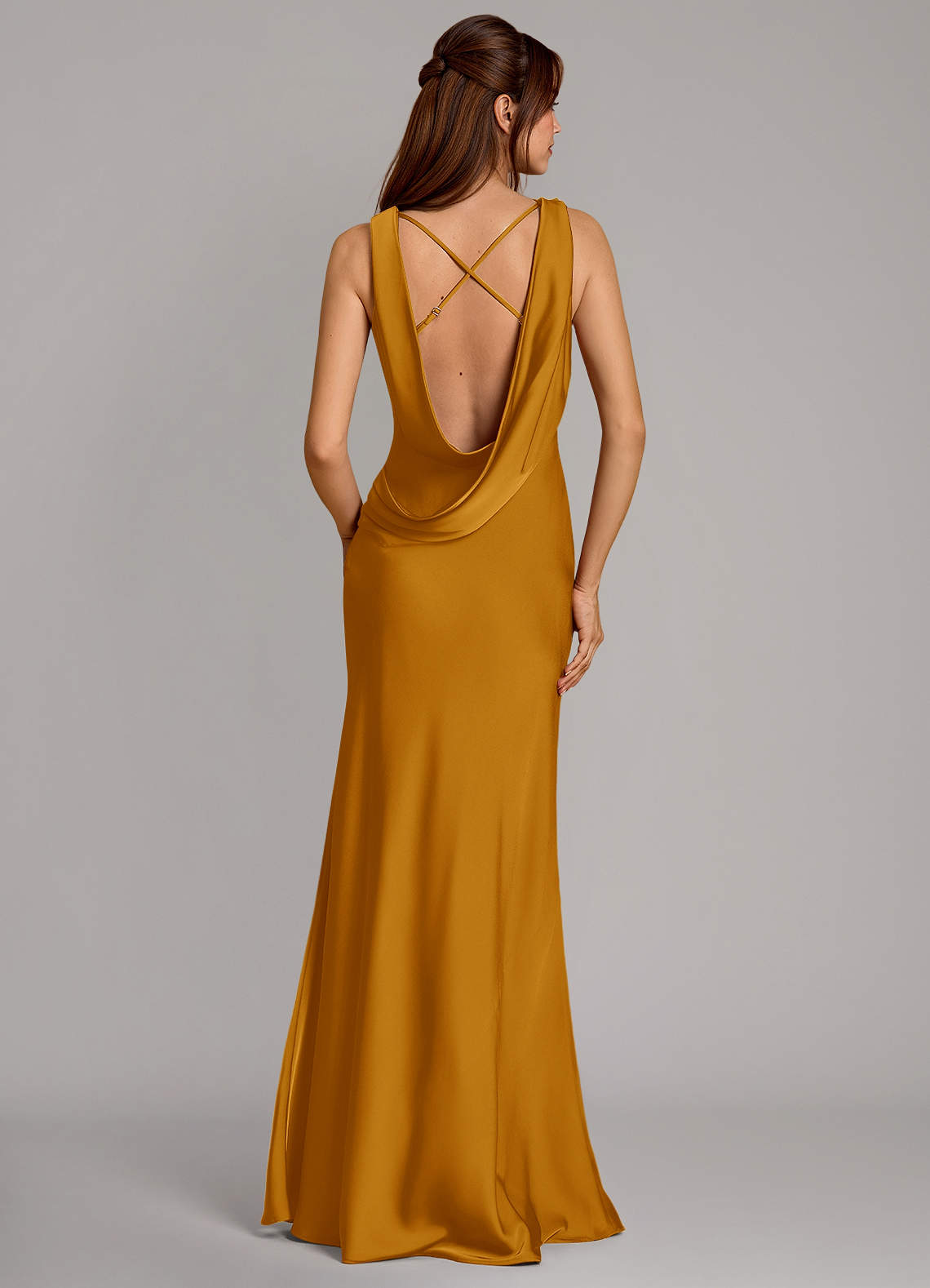 Cheryl Mermaid Cowl-Neck Stretch Satin Bridesmaid Dress in butterscotch