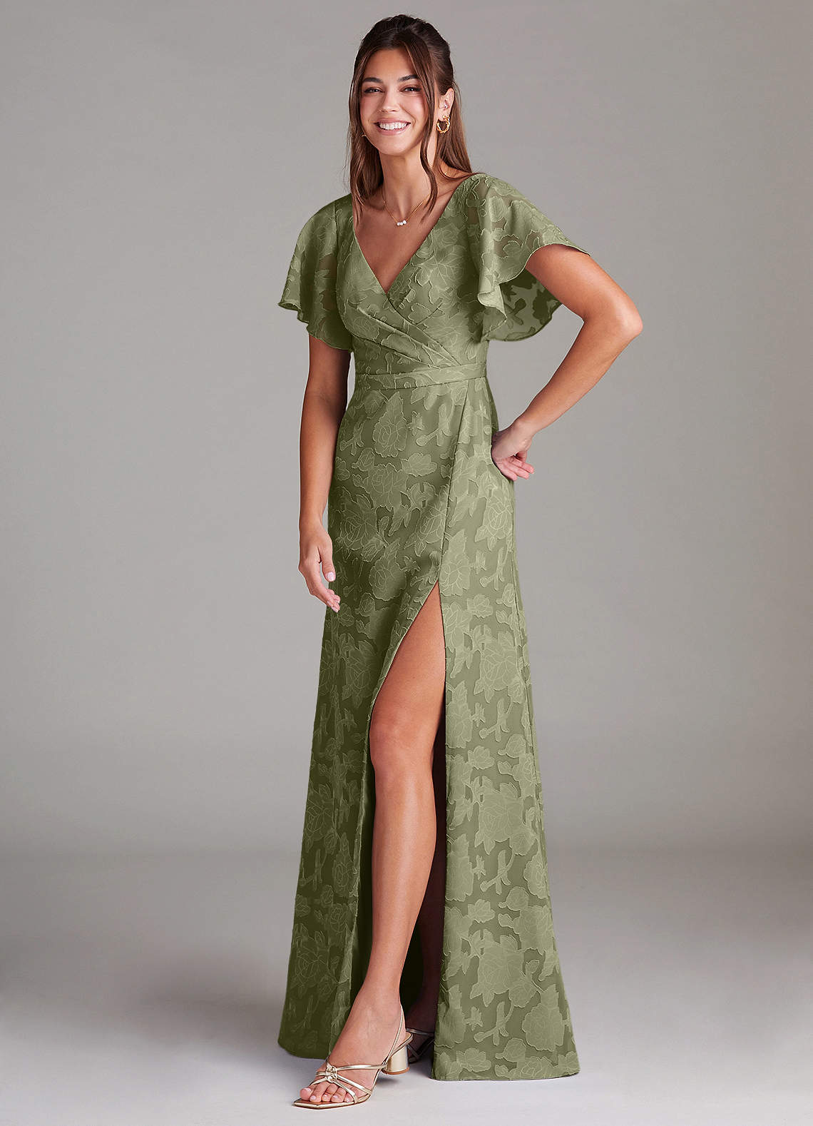 Ambrosia A-Line V-Neck Floral Burnout Bridesmaid Dress in Pistachio