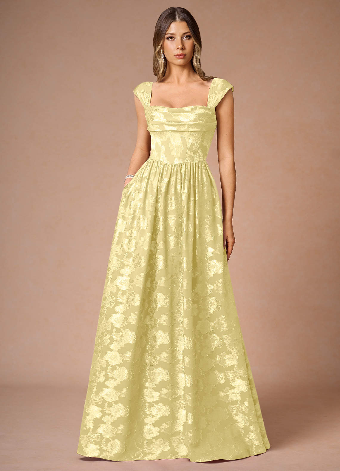 Hazel A-Line Cowl-Neck Fil Coupé Wedding Guest Dress in Lemon Sorbet