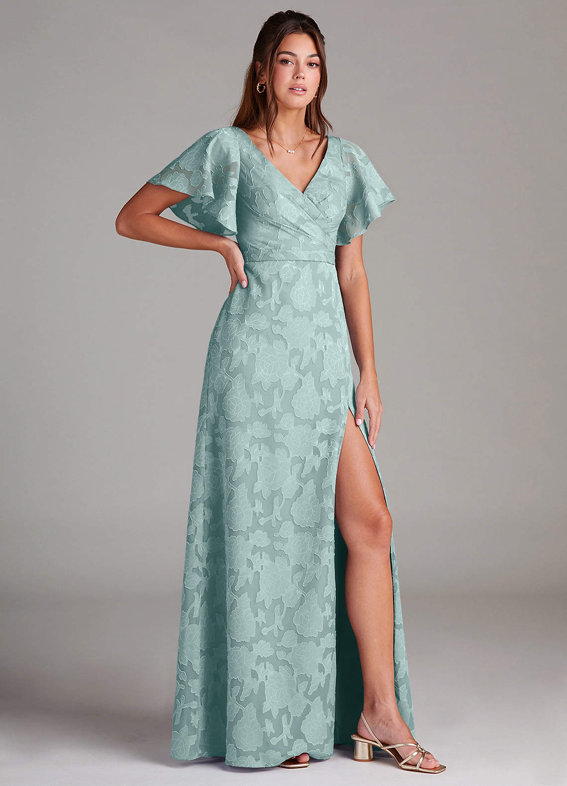 Ambrosia A-Line V-Neck Floral Burnout Bridesmaid Dress in Mist