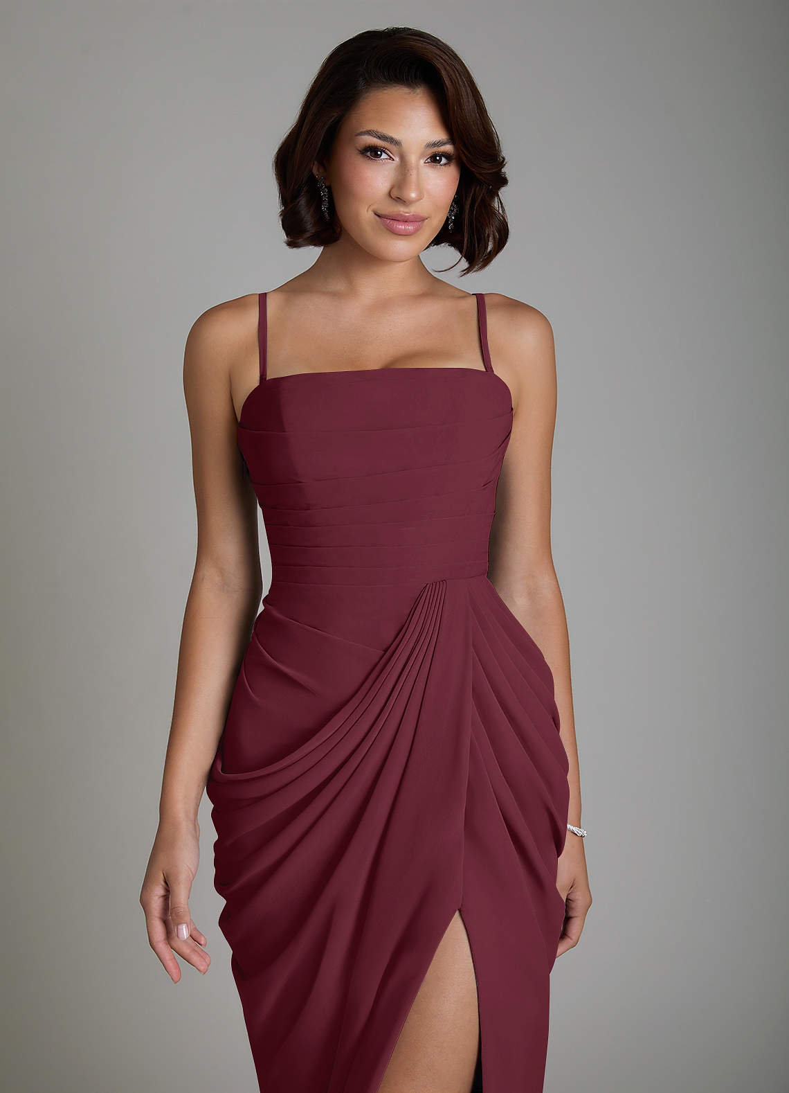 Nyra Sheath Strapless Chiffon Bridesmaid Dress in Cabernet