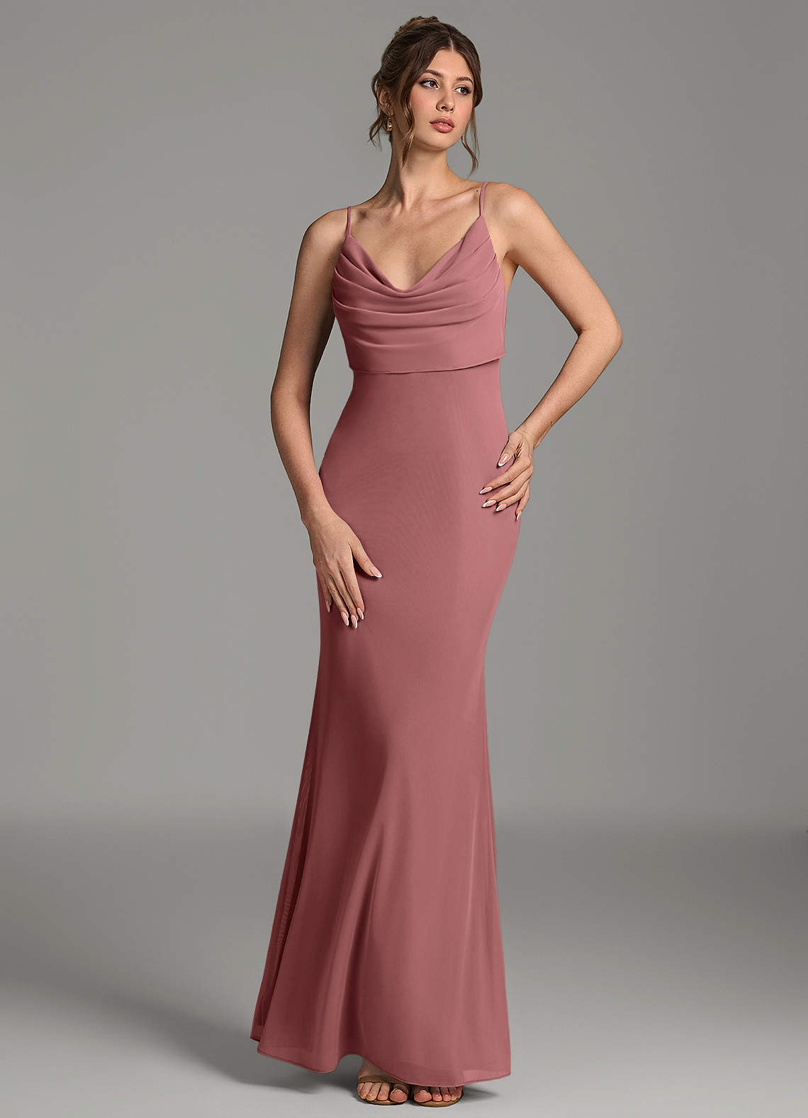 Zari Mermaid Cowl-Neck Mesh Bridesmaid Dress in Desert Rose