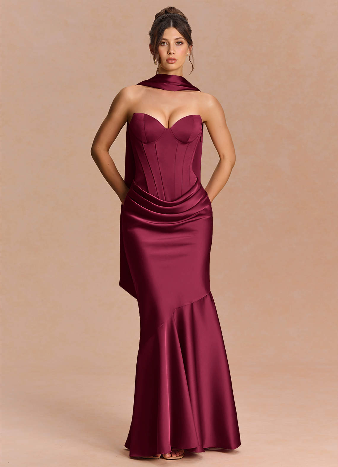 Euphemia Mermaid Strapless Stretch Satin Evening Dress in Merlot
