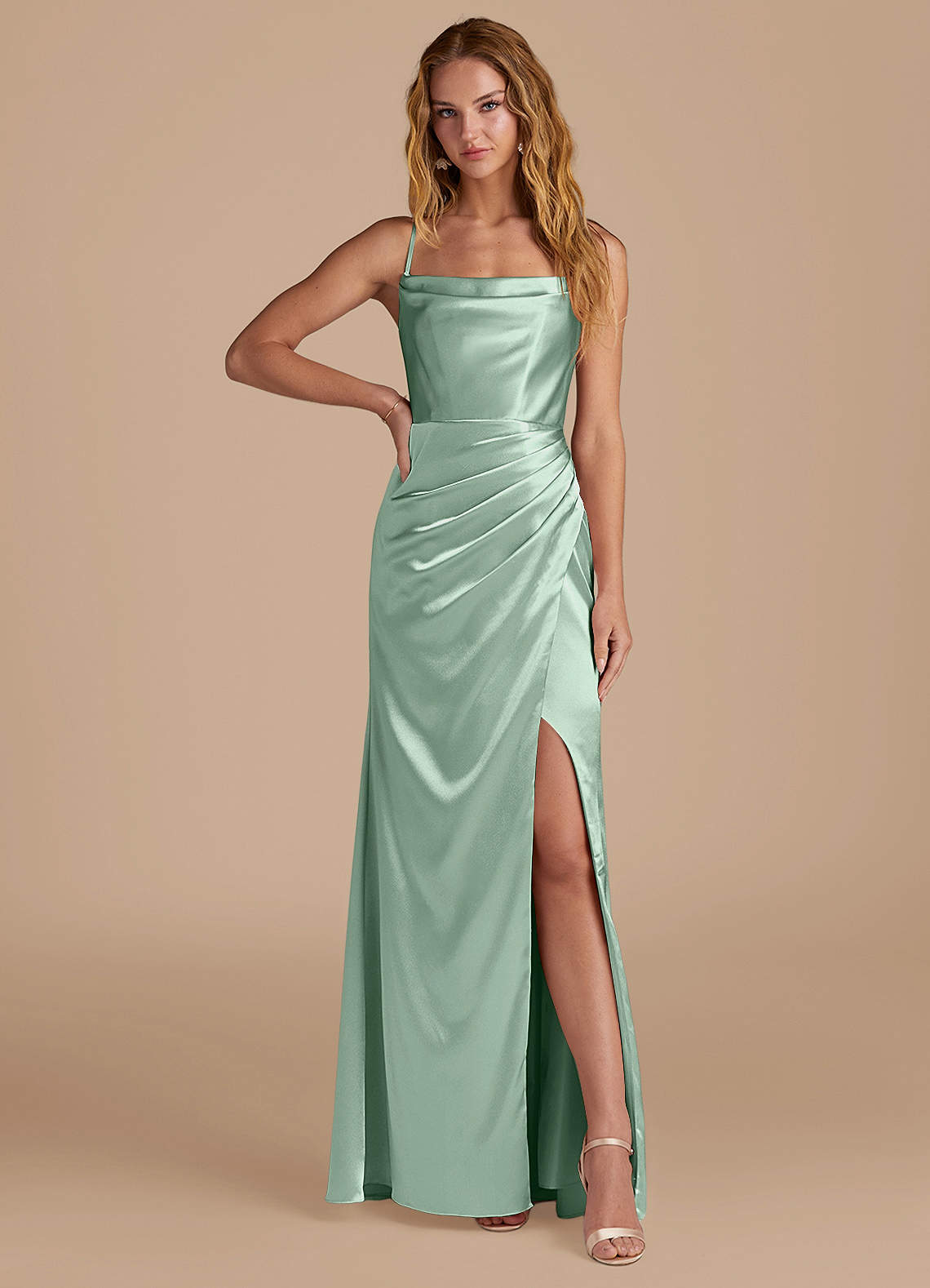 Marzia Mermaid Square-Neck Metallic Satin Bridesmaid Dress in Agave