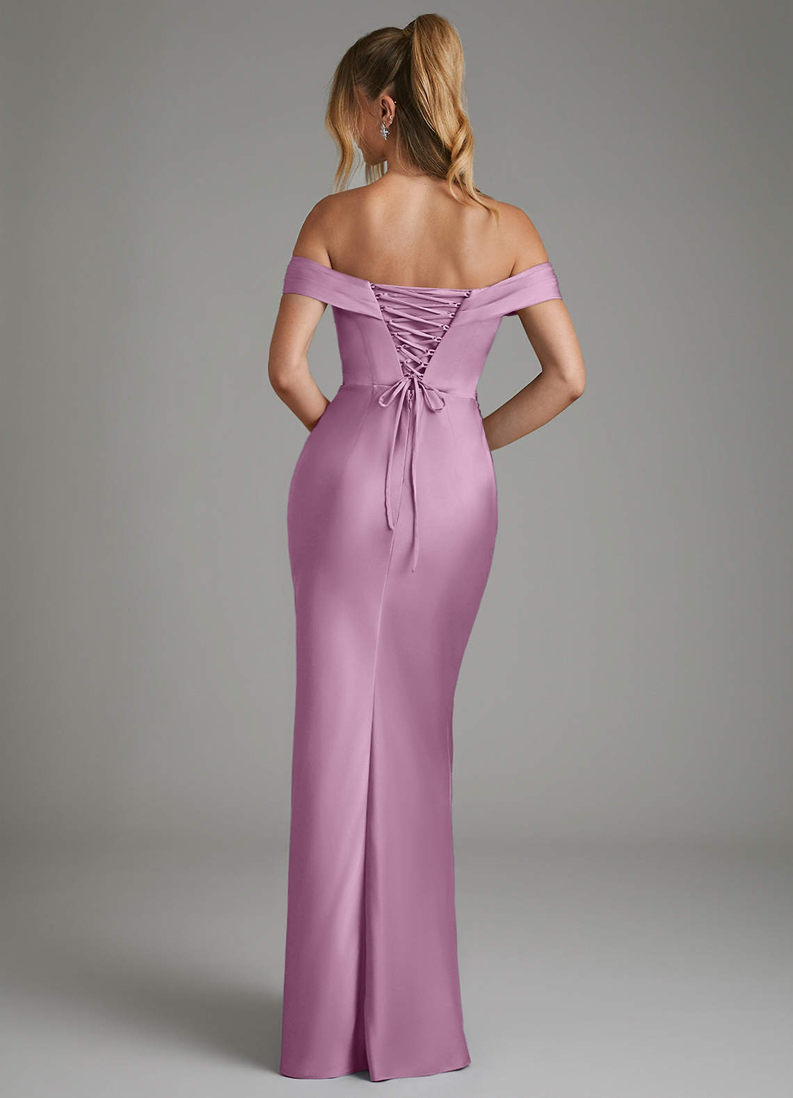 Hayden Mermaid Off-the-Shoulder Stretch Satin Bridesmaid Dress in Wisteria