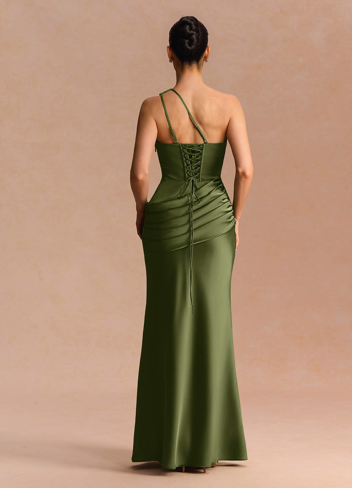 Guinevere One-Shoulder Cutout Stretch Satin Evening Dress in Olive