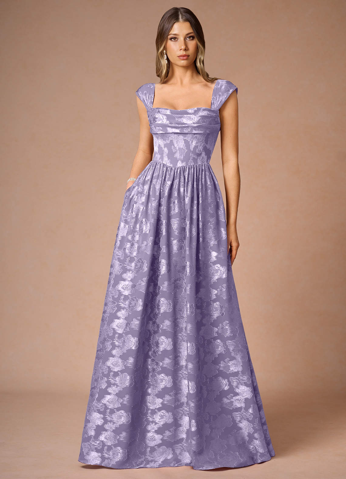Hazel A-Line Cowl-Neck Fil Coupé Wedding Guest Dress in Lilac