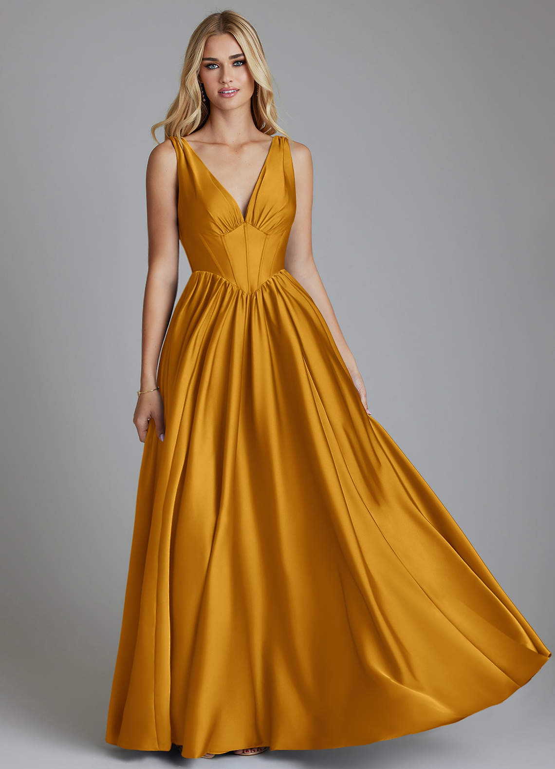 Delmie A-Line V-Neck Stretch Satin Bridesmaid Dress in butterscotch