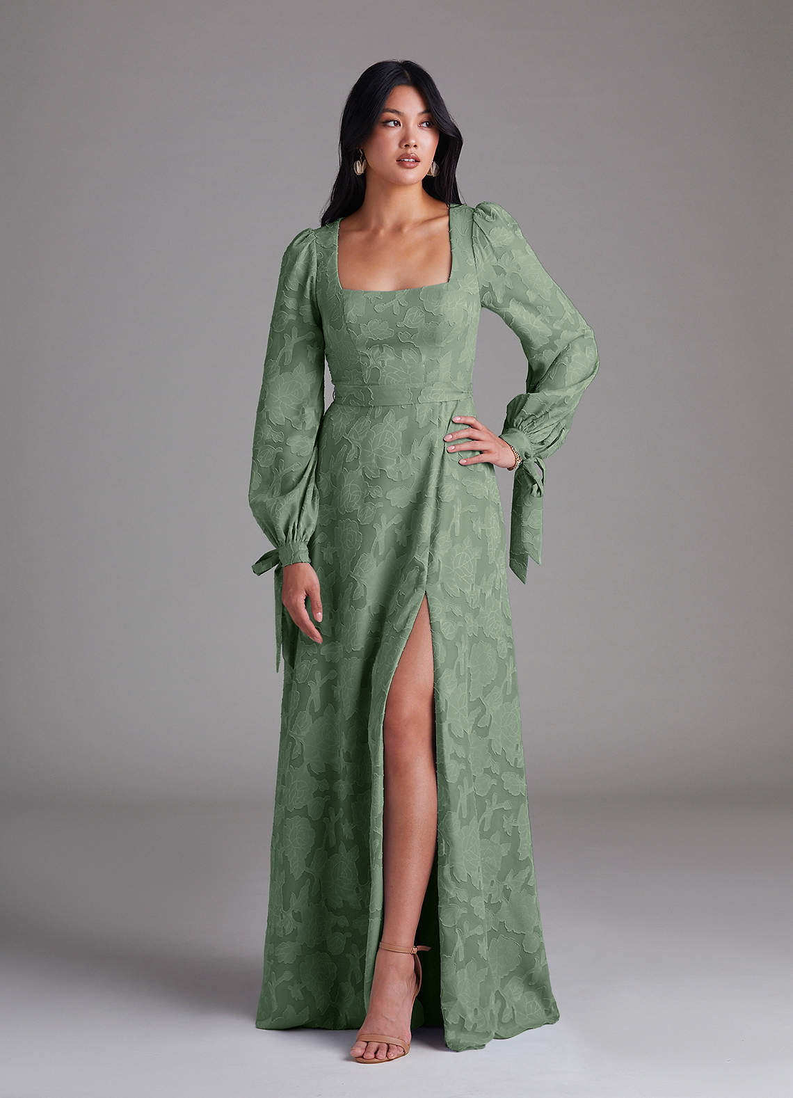 Leonia A-Line Square-Neck Stretch Satin Bridesmaid Dress in Matcha