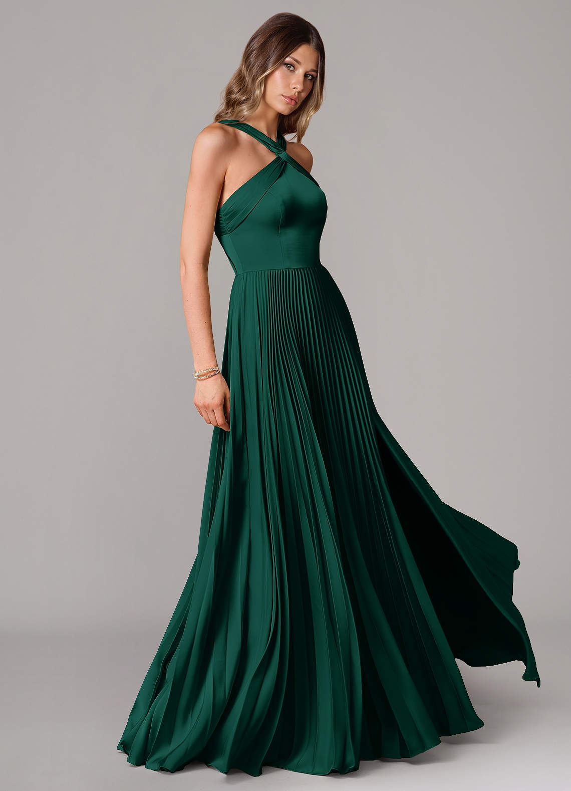 Afra A-Line Halter-Neck Stretch Satin Bridesmaid Dress in Emerald