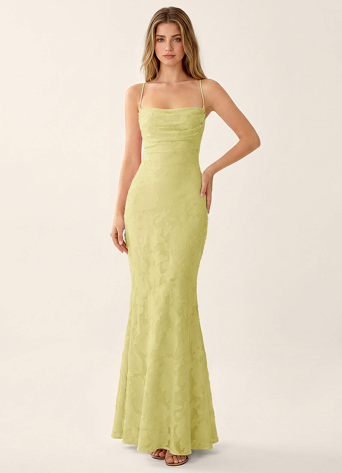 Natasha Mermaid Spaghetti-Strap Floral Burnout Evening Dress in Lemon Sorbet