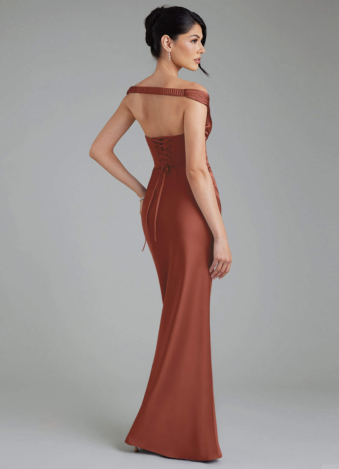 Stella Sheath V-Neck Stretch Satin Bridesmaid Dress in Auburn