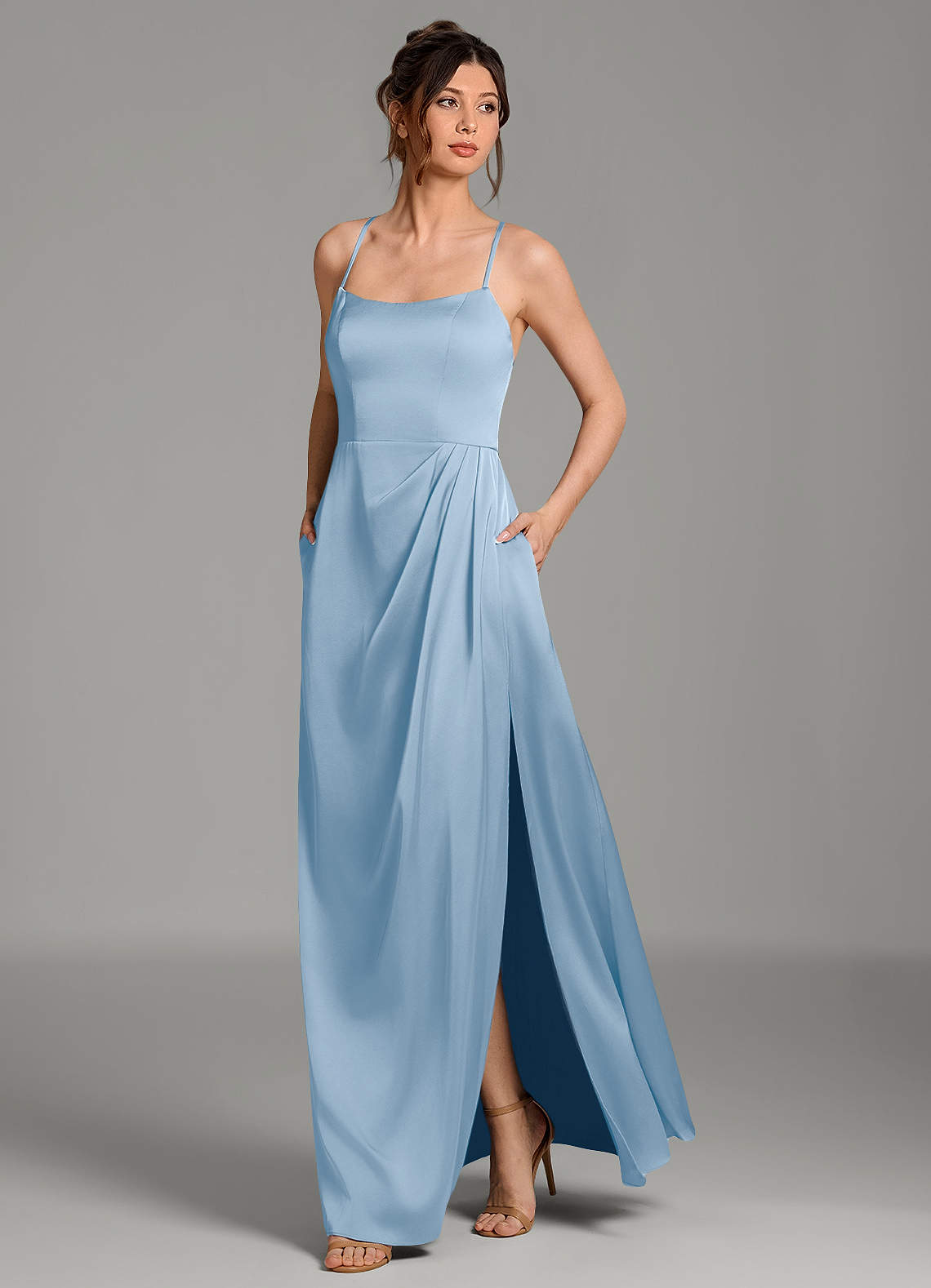 Frankie A-Line Scoop-Neck Stretch Satin Bridesmaid Dress in Powder Blue
