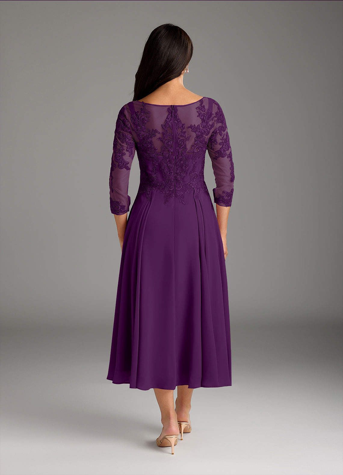 Marge A-Line Scoop-Neck Chiffon and Lace Mother of the Bride Dress in Grape