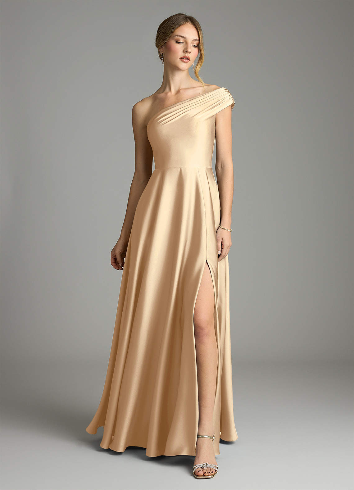Melanie A-Line One-Shoulder Stretch Satin Bridesmaid Dress in Champagne
