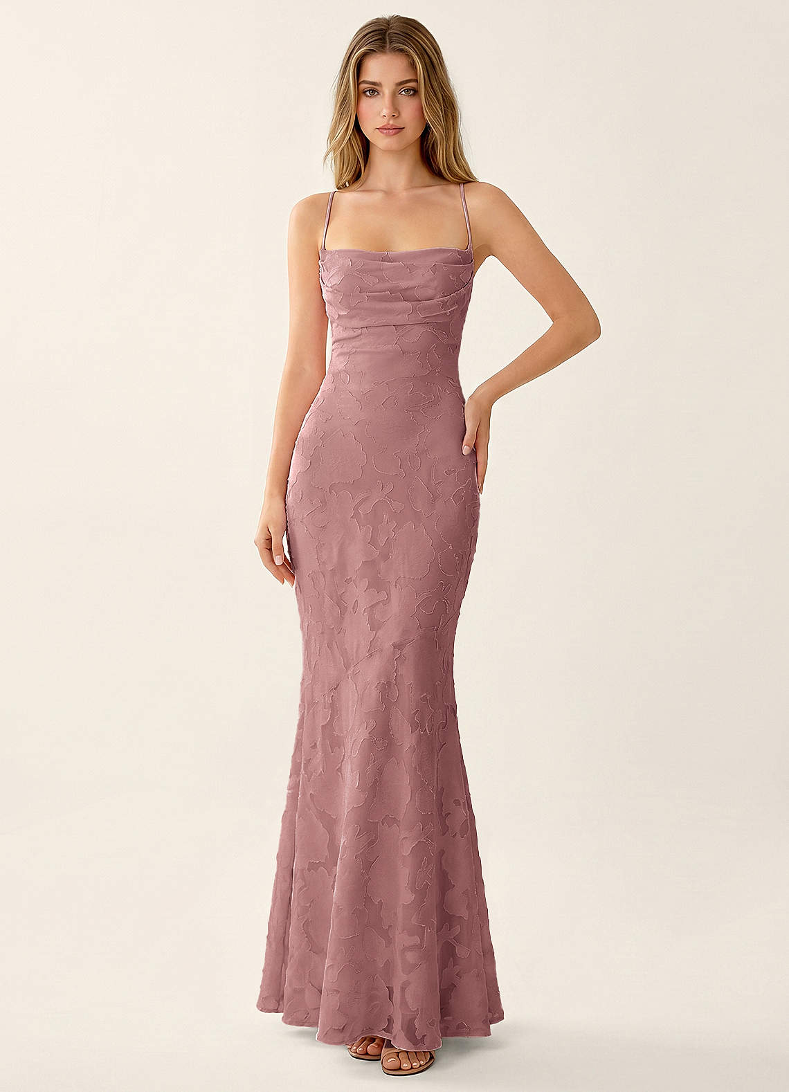Natasha Mermaid Spaghetti-Strap Floral Burnout Evening Dress in Dusty Pink