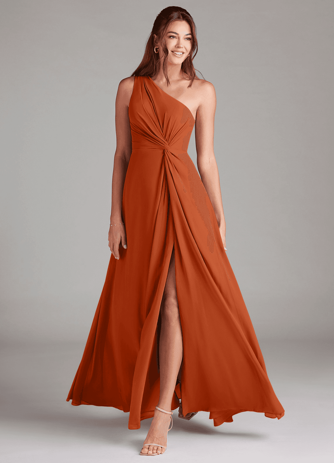 Brooke A-Line One-Shoulder Chiffon Bridesmaid Dress in Burnt Orange