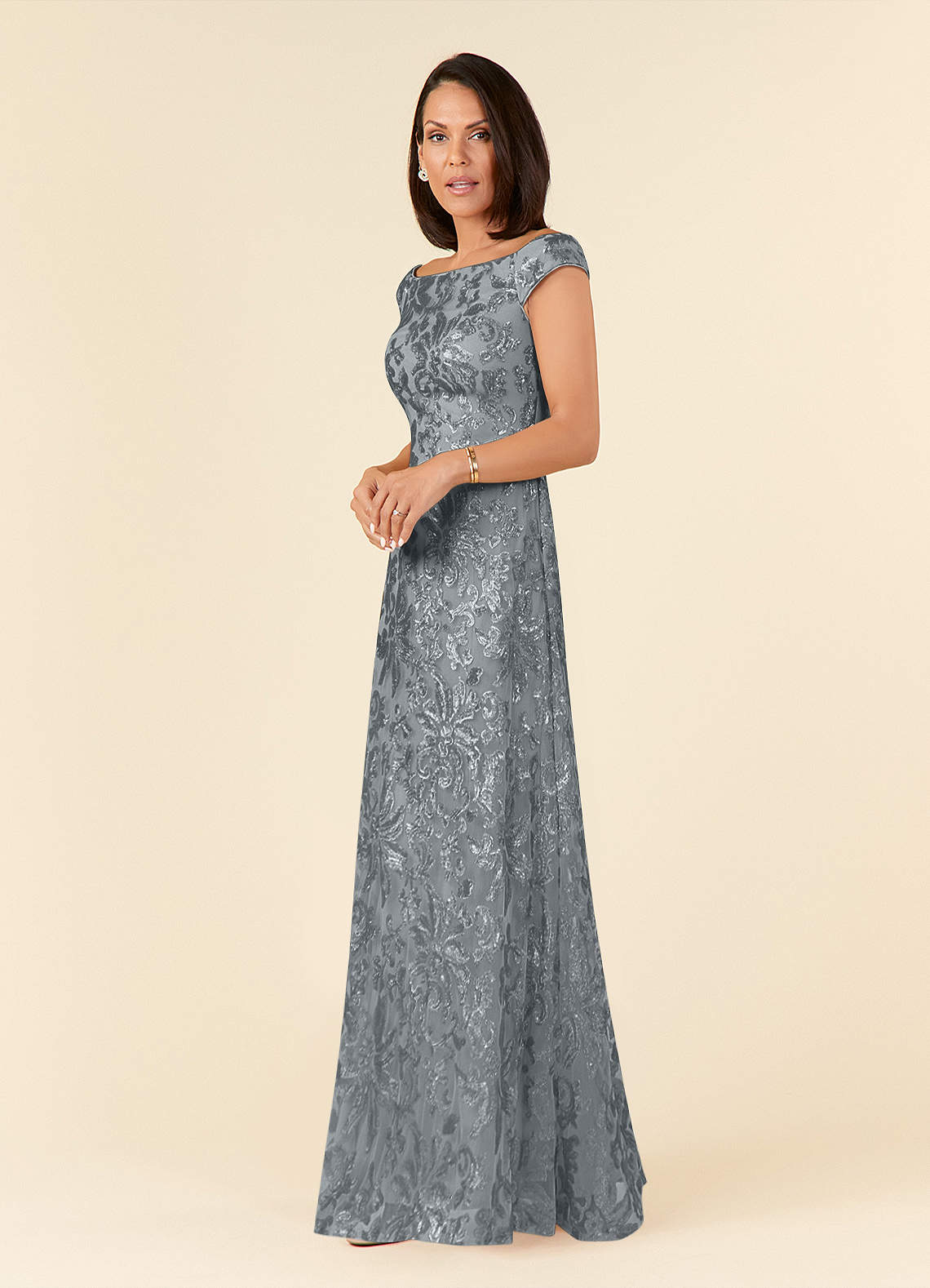 Porcelain A-Line Off-the-Shoulder Lace Mother of the Bride Dress in Steel Grey