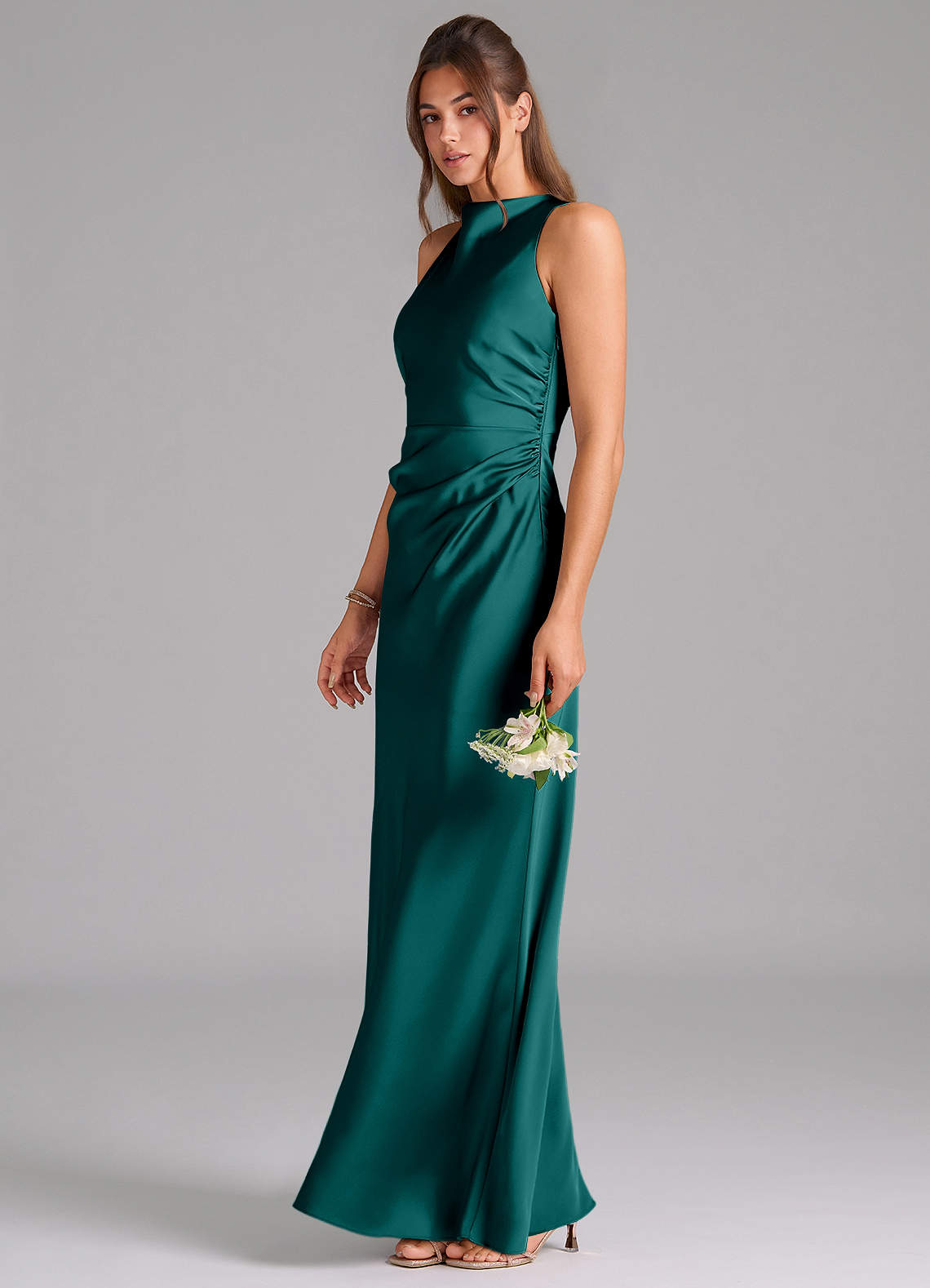 Evadne Sheath Scoop-Neck Stretch Satin Bridesmaid Dress in Peacock