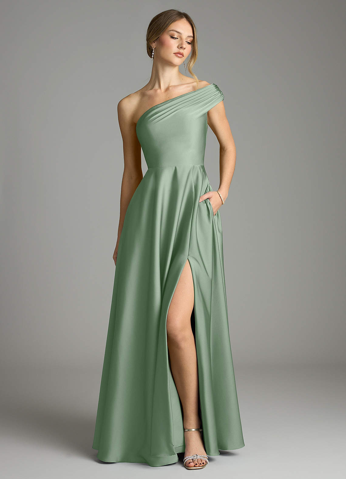 Melanie A-Line One-Shoulder Stretch Satin Bridesmaid Dress in Matcha