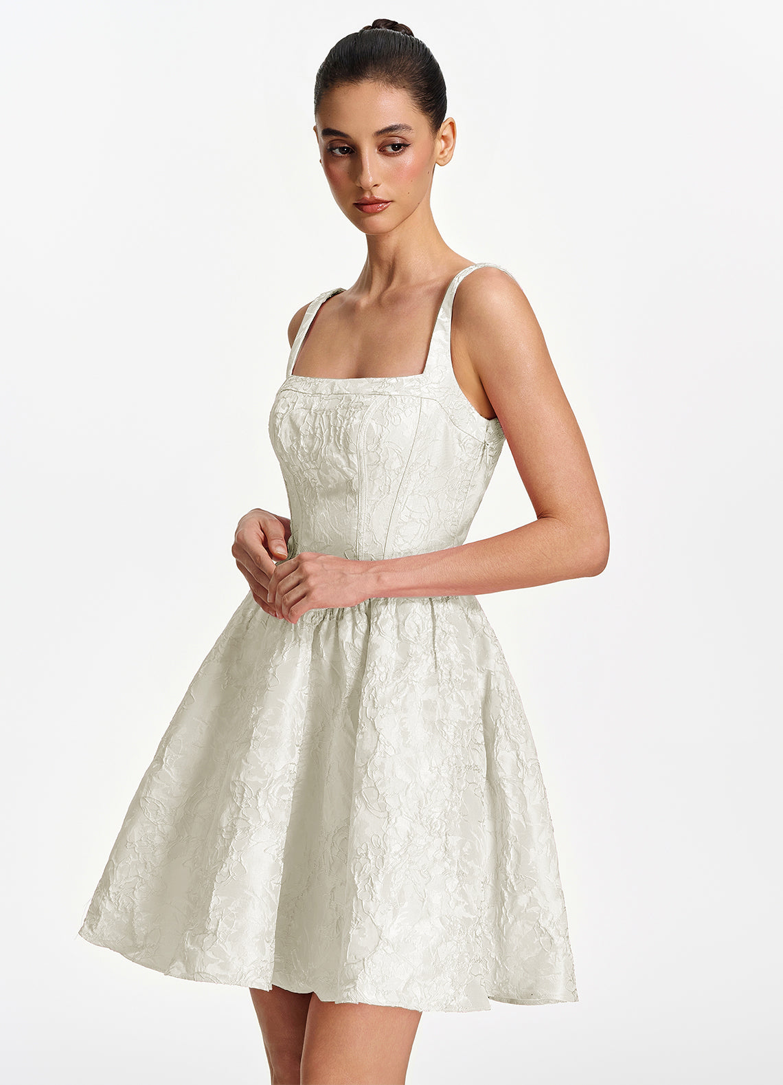 Lionelle Skater Mini Square-Neck Jacquard Prom Dress in White - photo 4