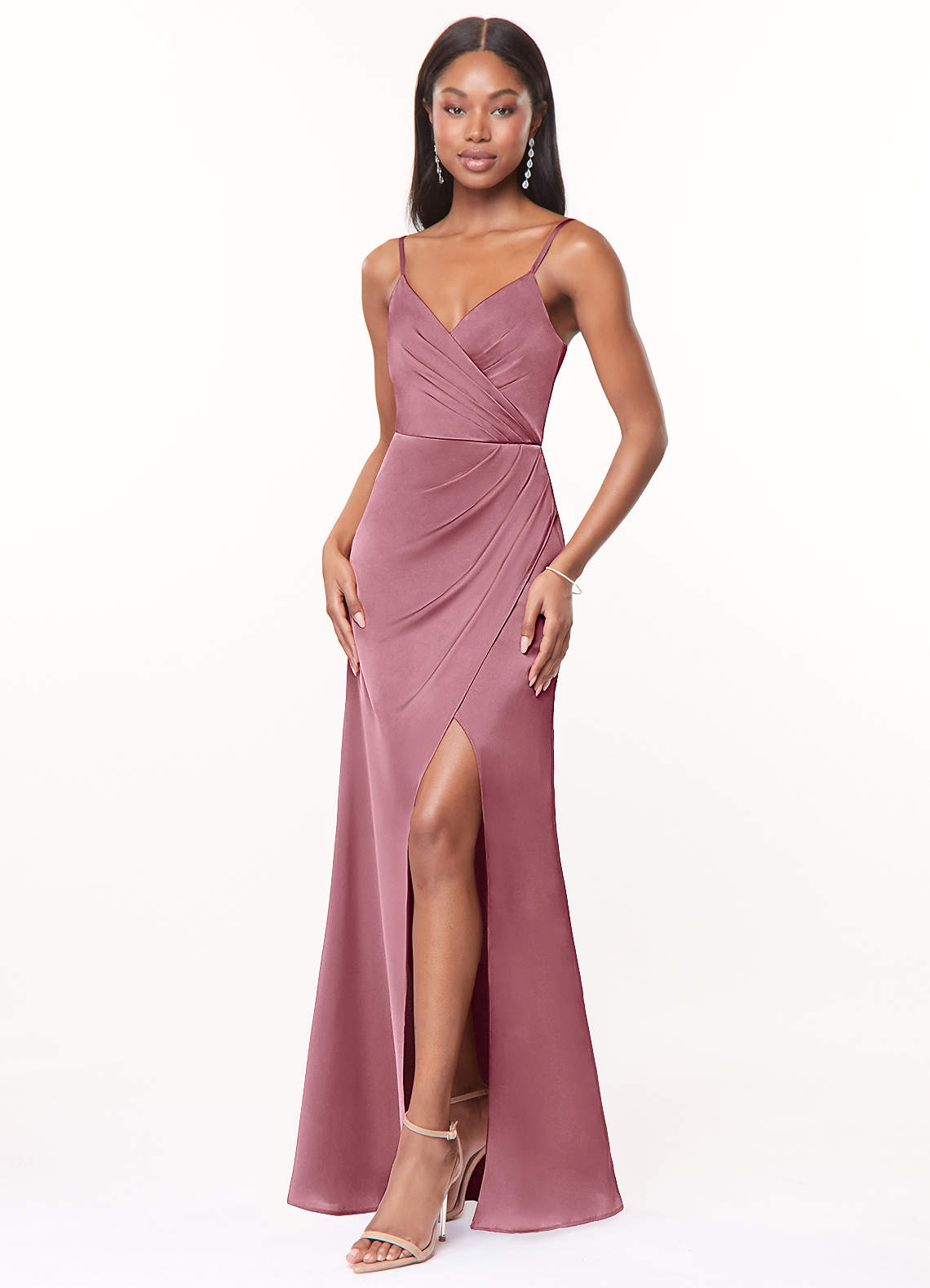 Maci A-Line V-Neck Stretch Satin Bridesmaid Dress in Vintage Mauve