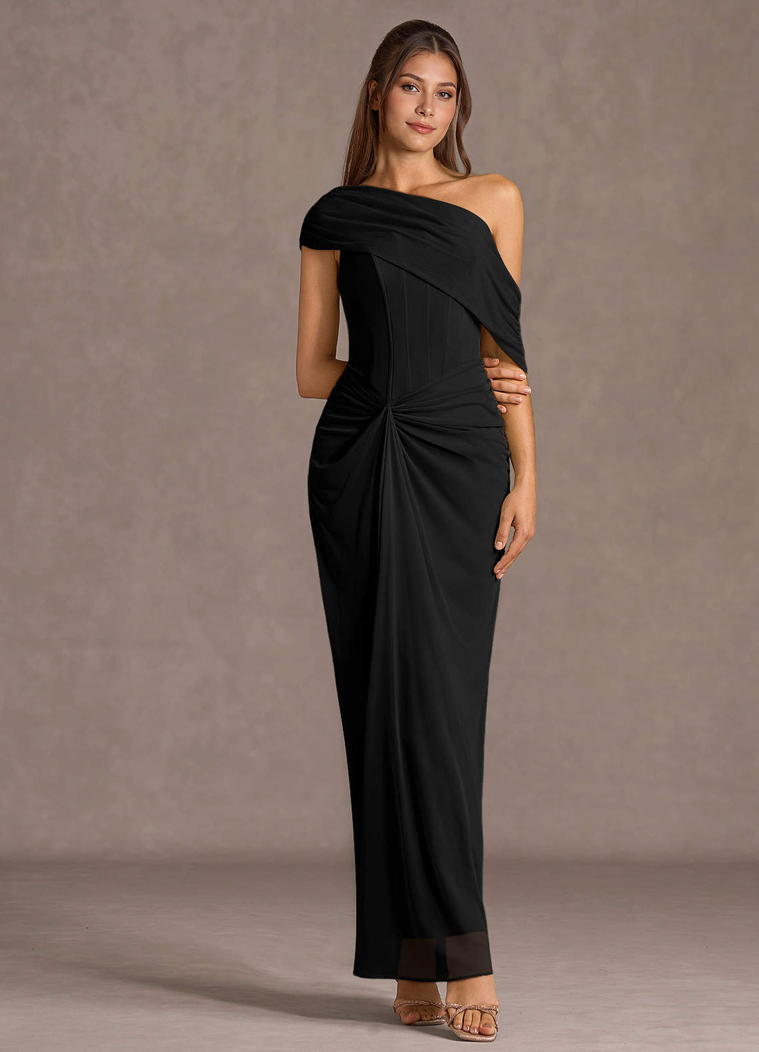 Delphira Mermaid One-Shoulder Mesh Wedding Guest Dress in black