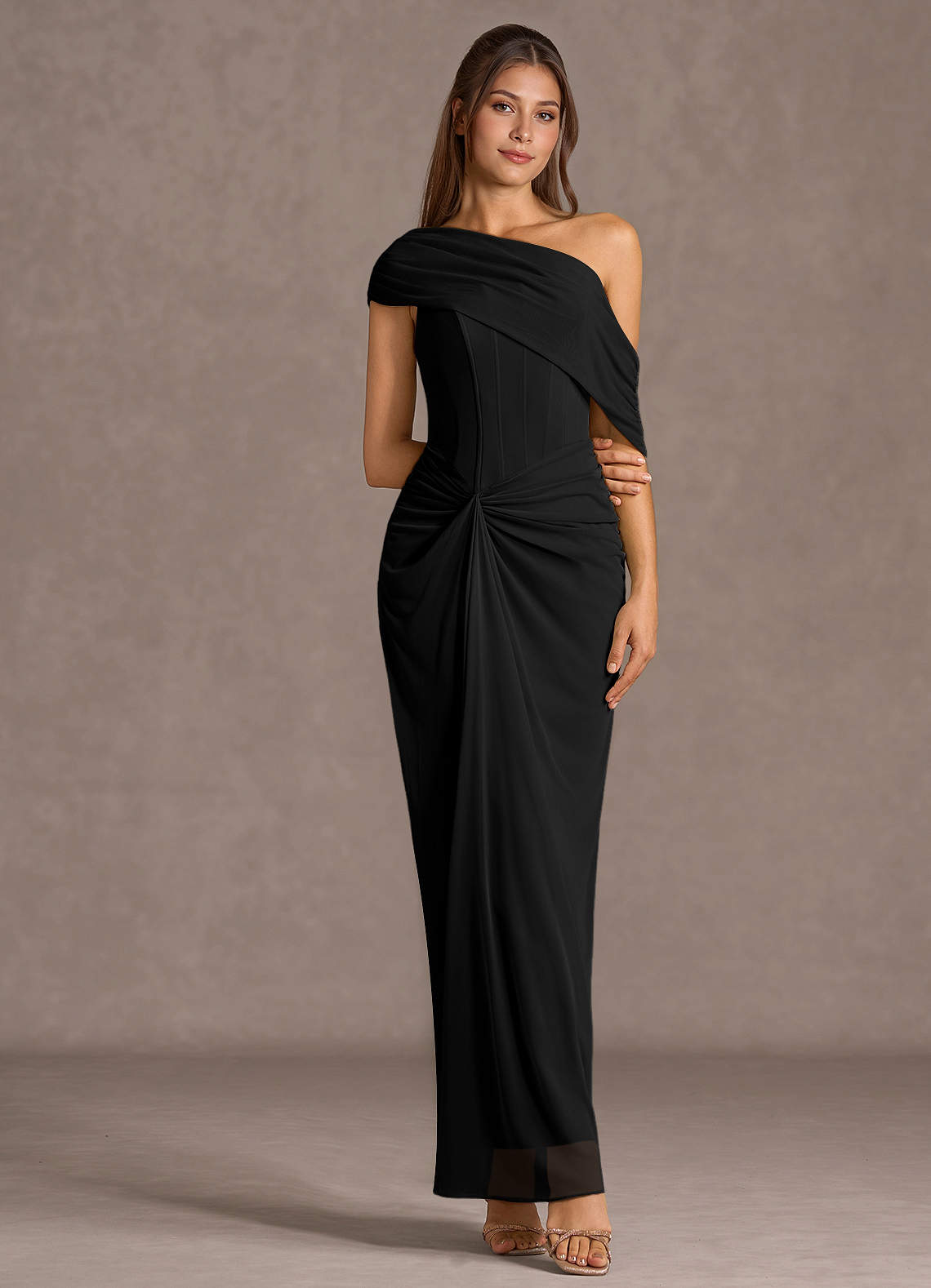 Delphira Mermaid One-Shoulder Mesh Wedding Guest Dress in black