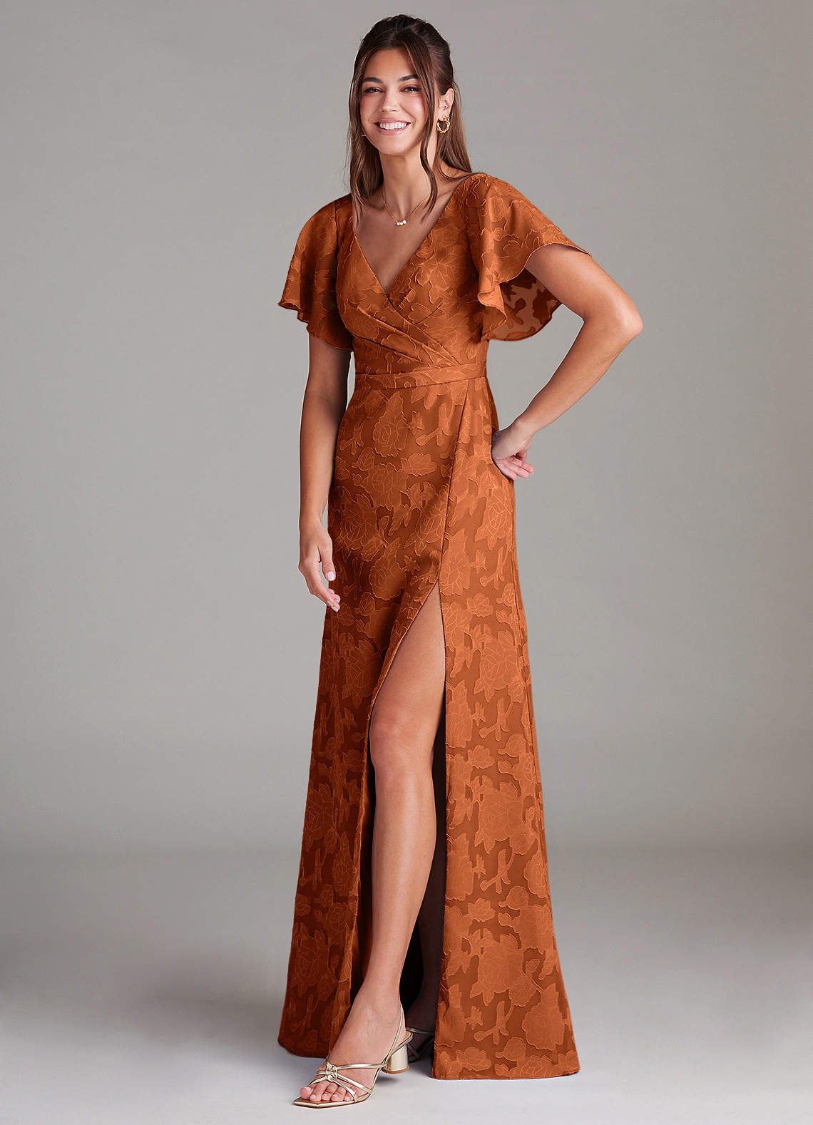 Ambrosia A-Line V-Neck Floral Burnout Bridesmaid Dress in Burnt Orange