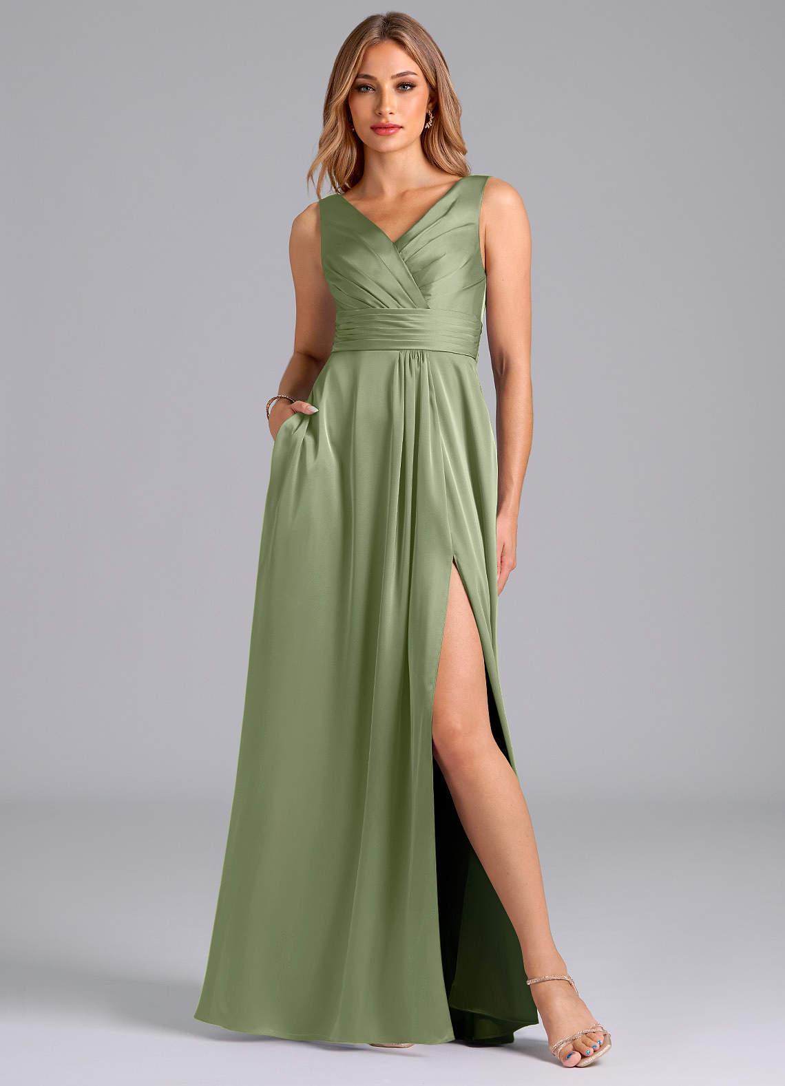 Karina A-Line V-Neck Stretch Satin Bridesmaid Dress in Pistachio
