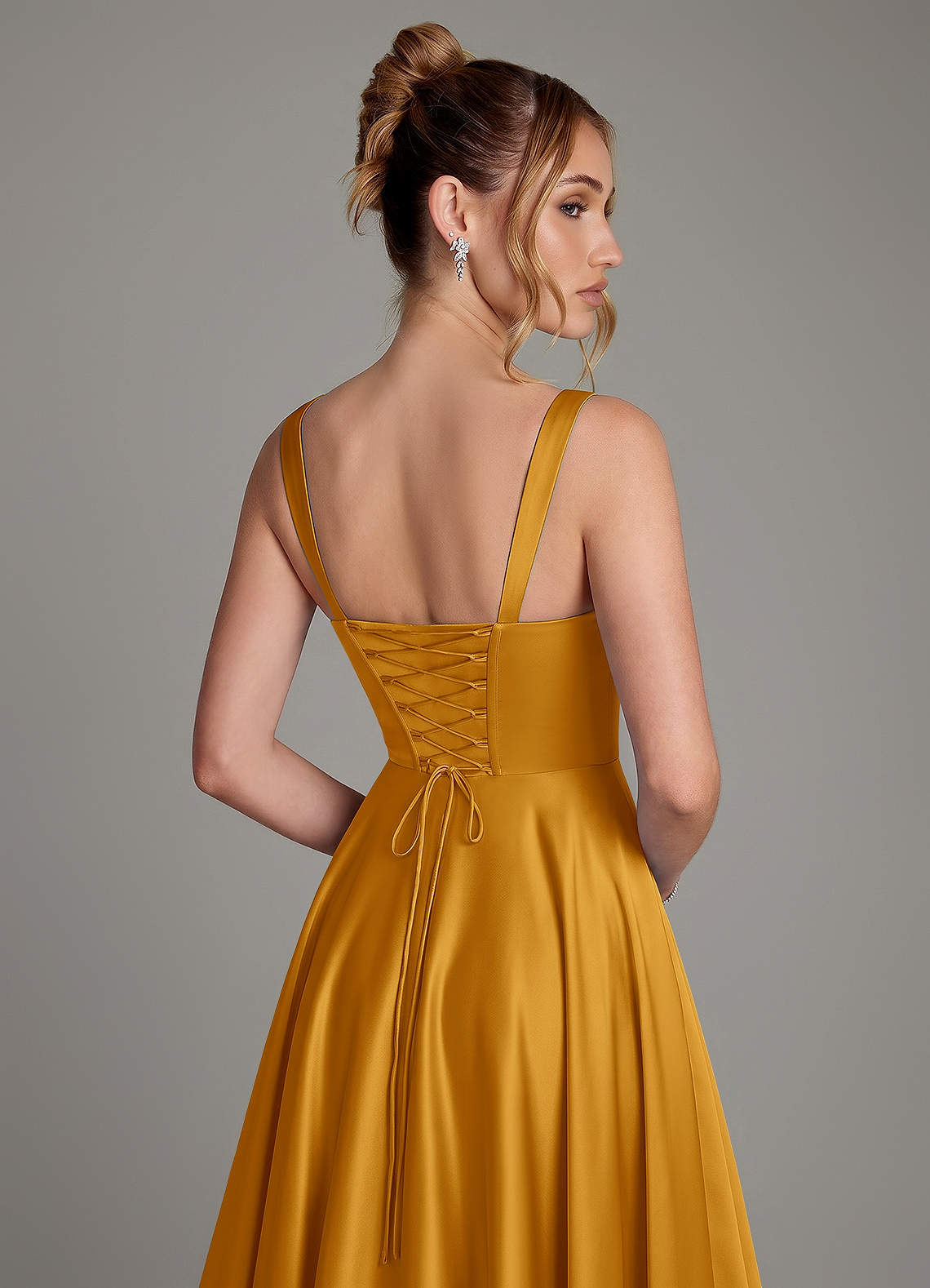 Azaria A-Line Square-Neck Stretch Satin Bridesmaid Dress in butterscotch
