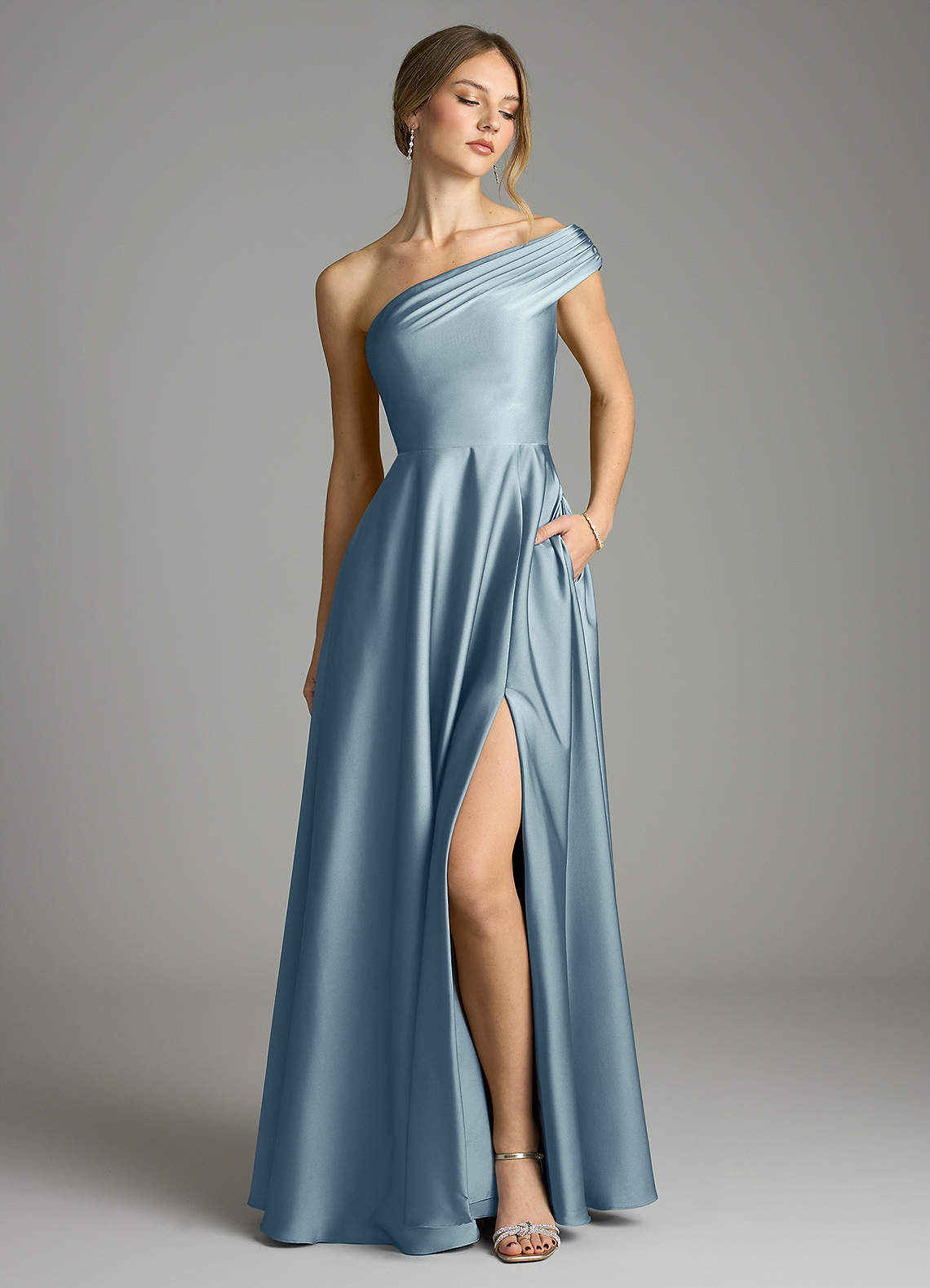 Melanie A-Line One-Shoulder Stretch Satin Bridesmaid Dress in dusty blue