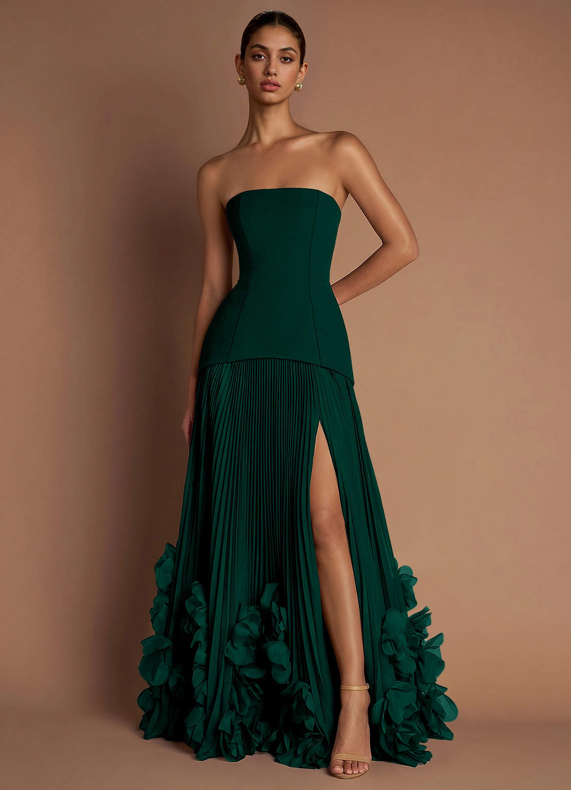 Marnie A-Line Corset Crepe Chiffon Evening Dress in Forest Green