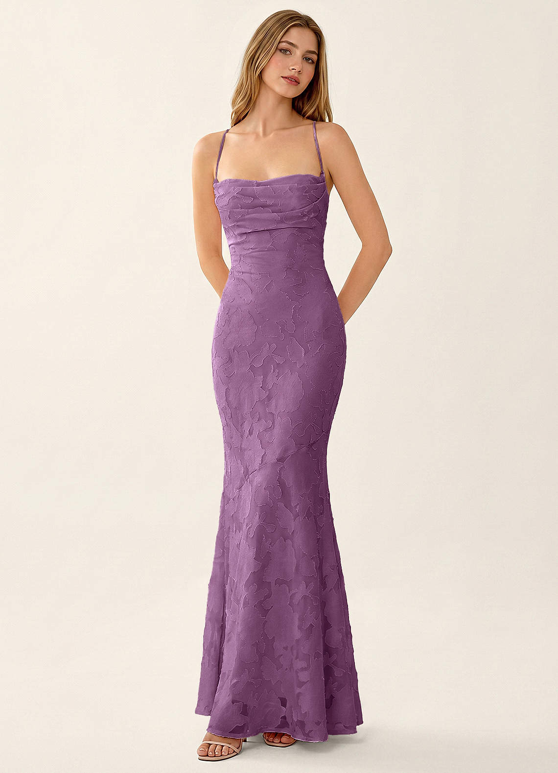 Natasha Mermaid Spaghetti-Strap Floral Burnout Evening Dress in Wisteria
