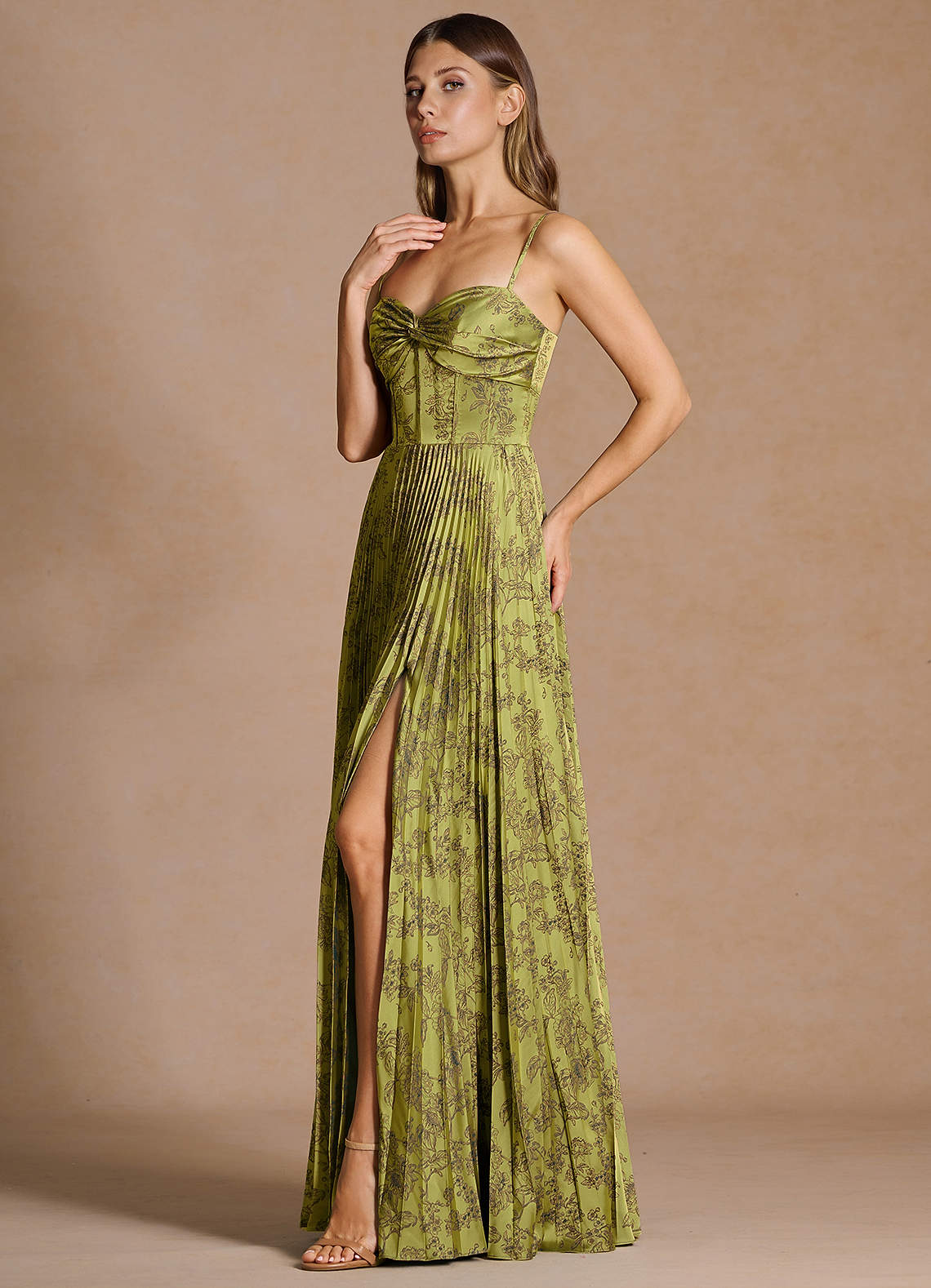 Vesper Pleated Knot-Neck Jacquard Wedding Guest Dress in Moss Brown