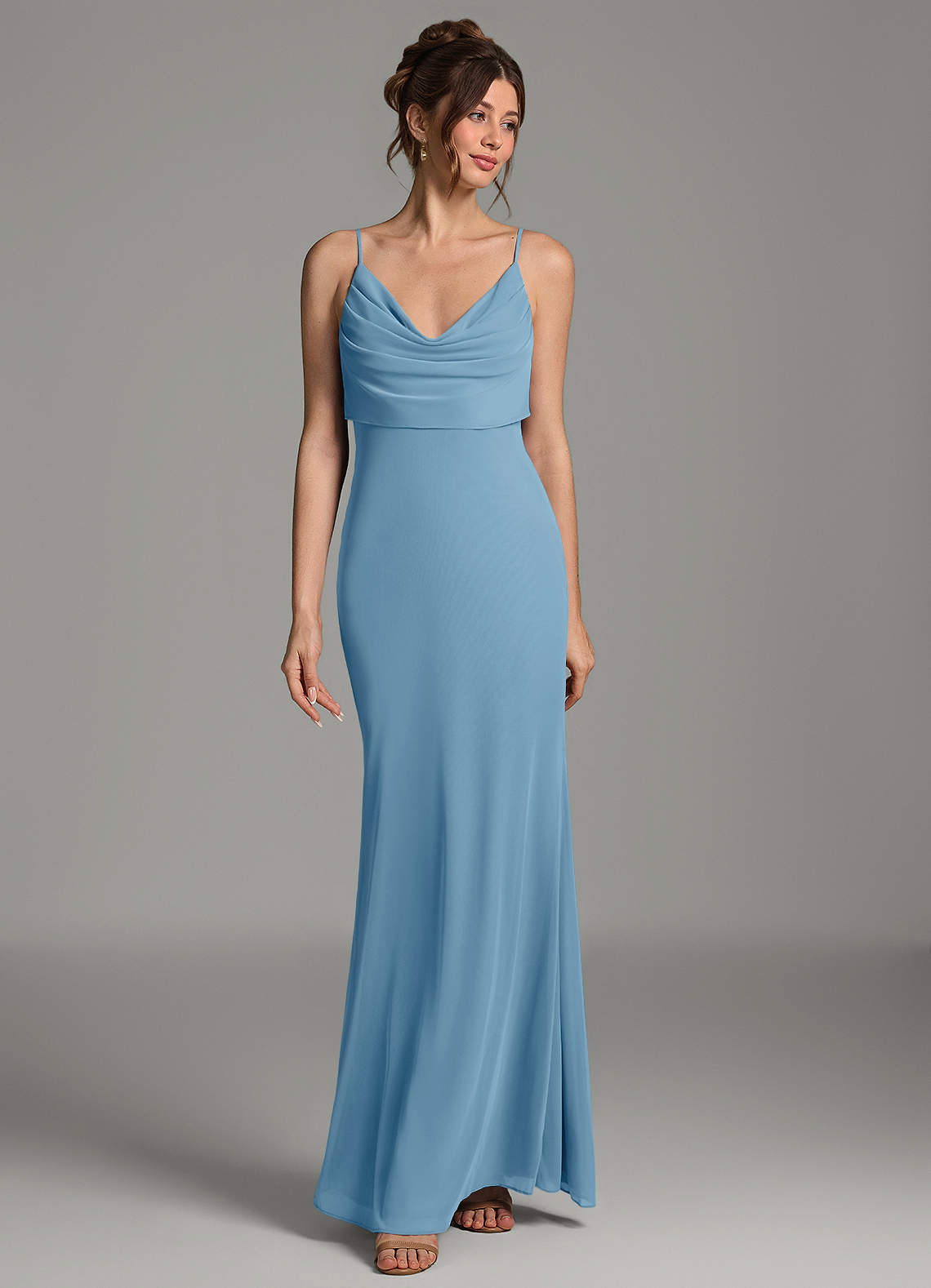 Zari Mermaid Cowl-Neck Mesh Bridesmaid Dress in Steel Blue