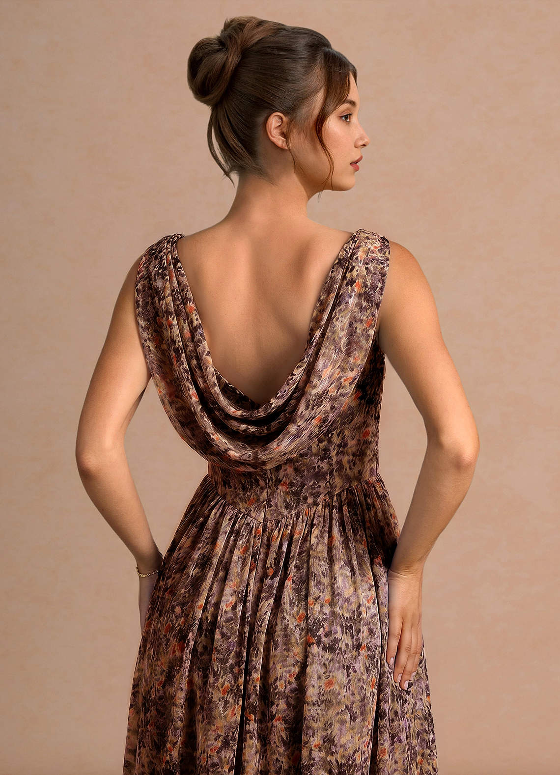 Aurore A-Line Cowl-Neck Chiffon Wedding Guest Dress in Truffle