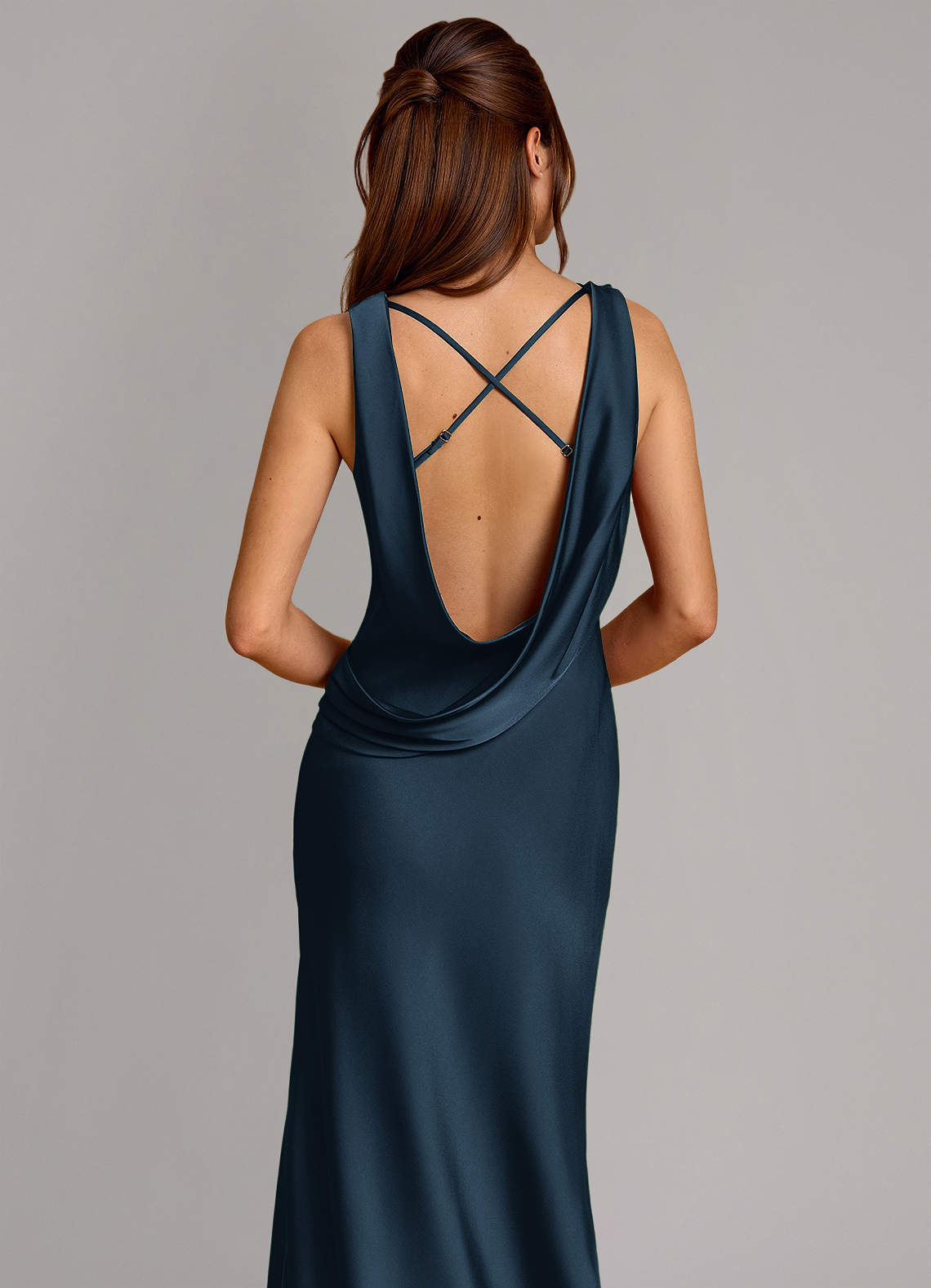 Cheryl Mermaid Cowl-Neck Stretch Satin Bridesmaid Dress in Dark Navy