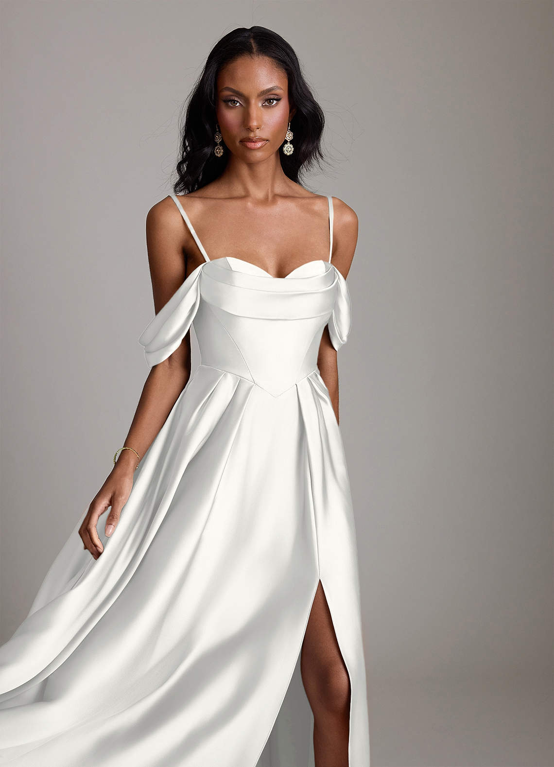 Loisa A-Line Off-the-Shoulder Stretch Satin Bridesmaid Dress in white