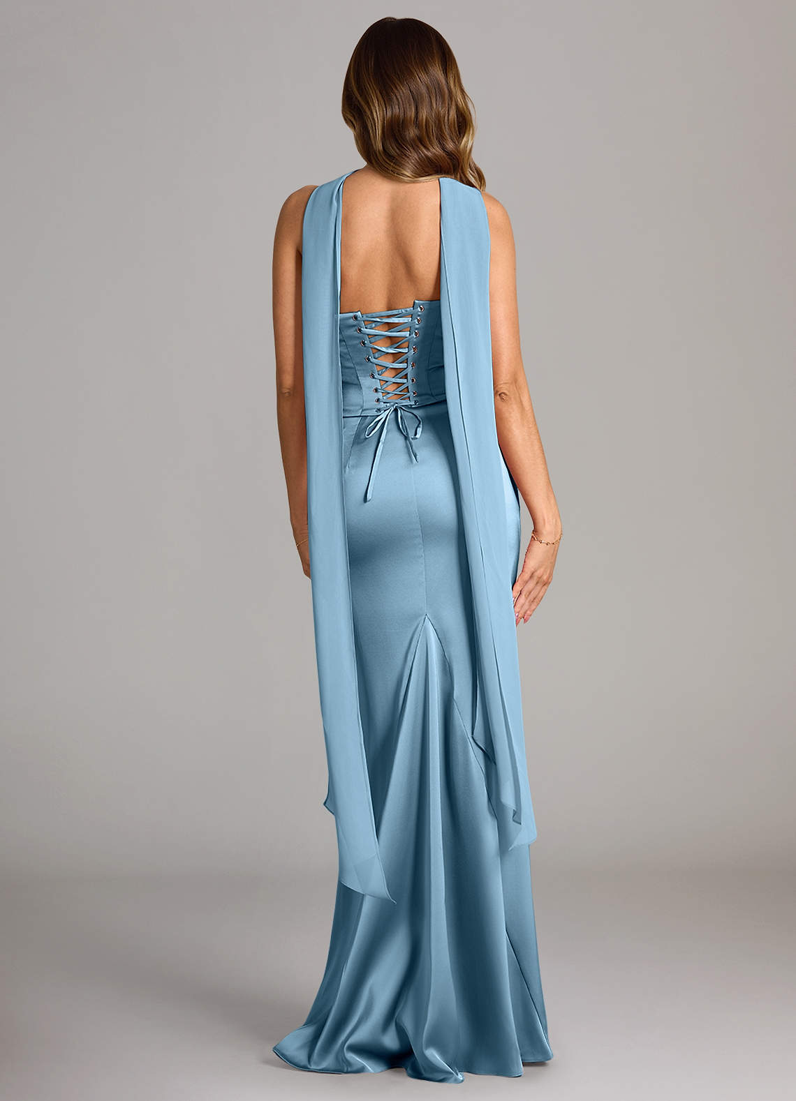 Sorrel Mermaid Cowl-Neck Stretch Satin and Chiffon Bridesmaid Dress in Steel Blue