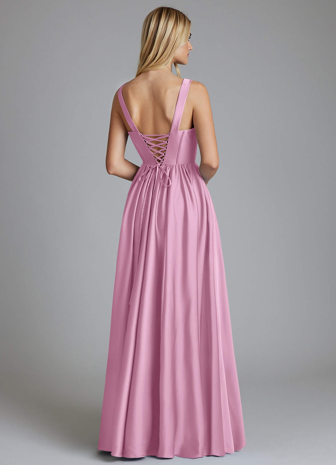 Delmie A-Line V-Neck Stretch Satin Bridesmaid Dress in candy pink