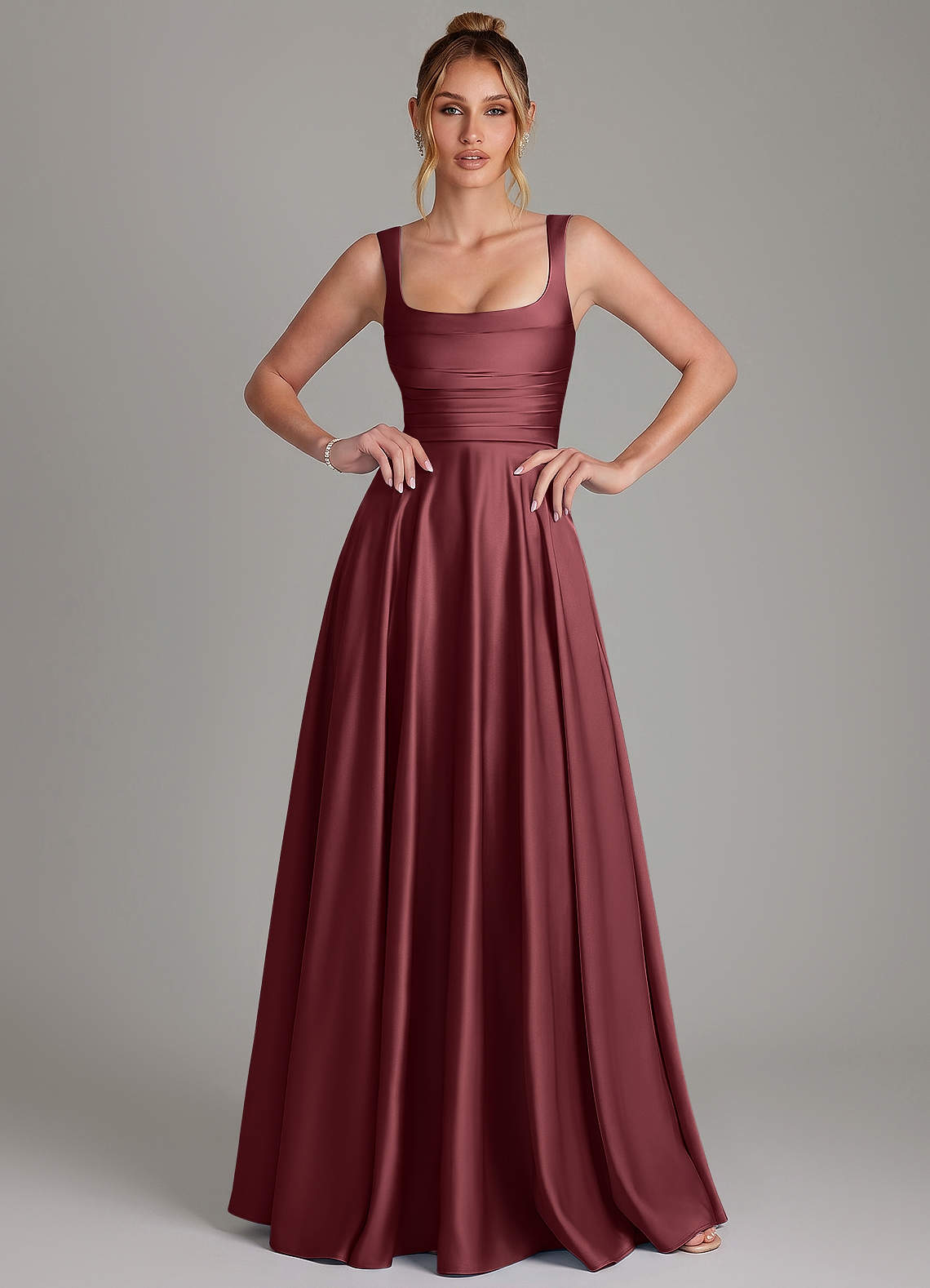 Azaria A-Line Square-Neck Stretch Satin Bridesmaid Dress in Merlot