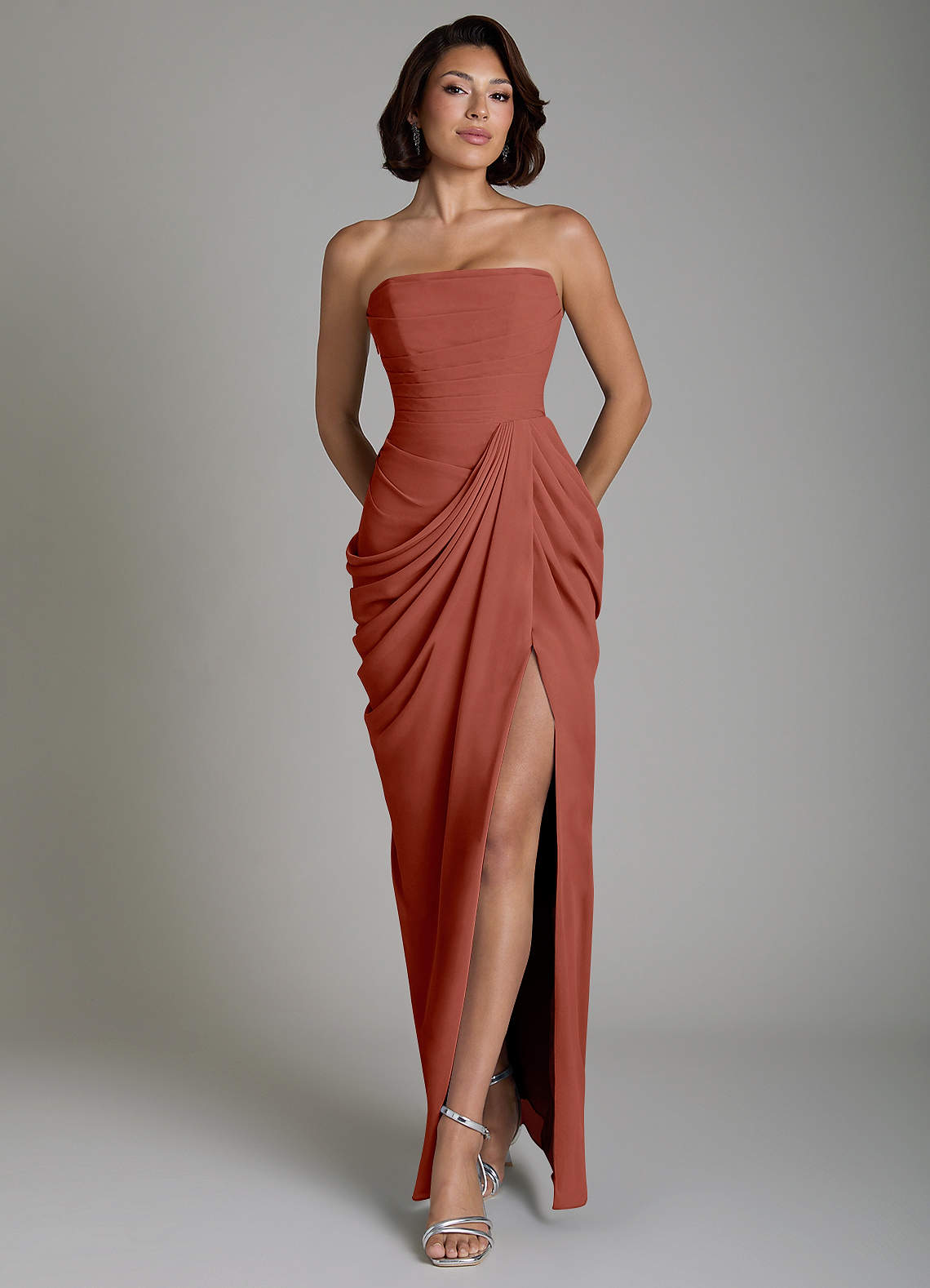 Nyra Sheath Strapless Chiffon Bridesmaid Dress in Auburn