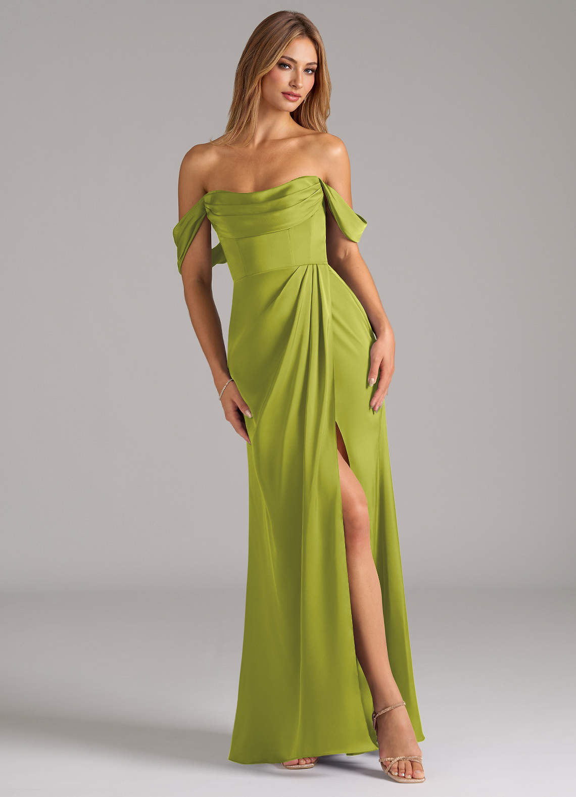 Johana Mermaid Off-the-Shoulder Stretch Satin Bridesmaid Dress in Lemongrass