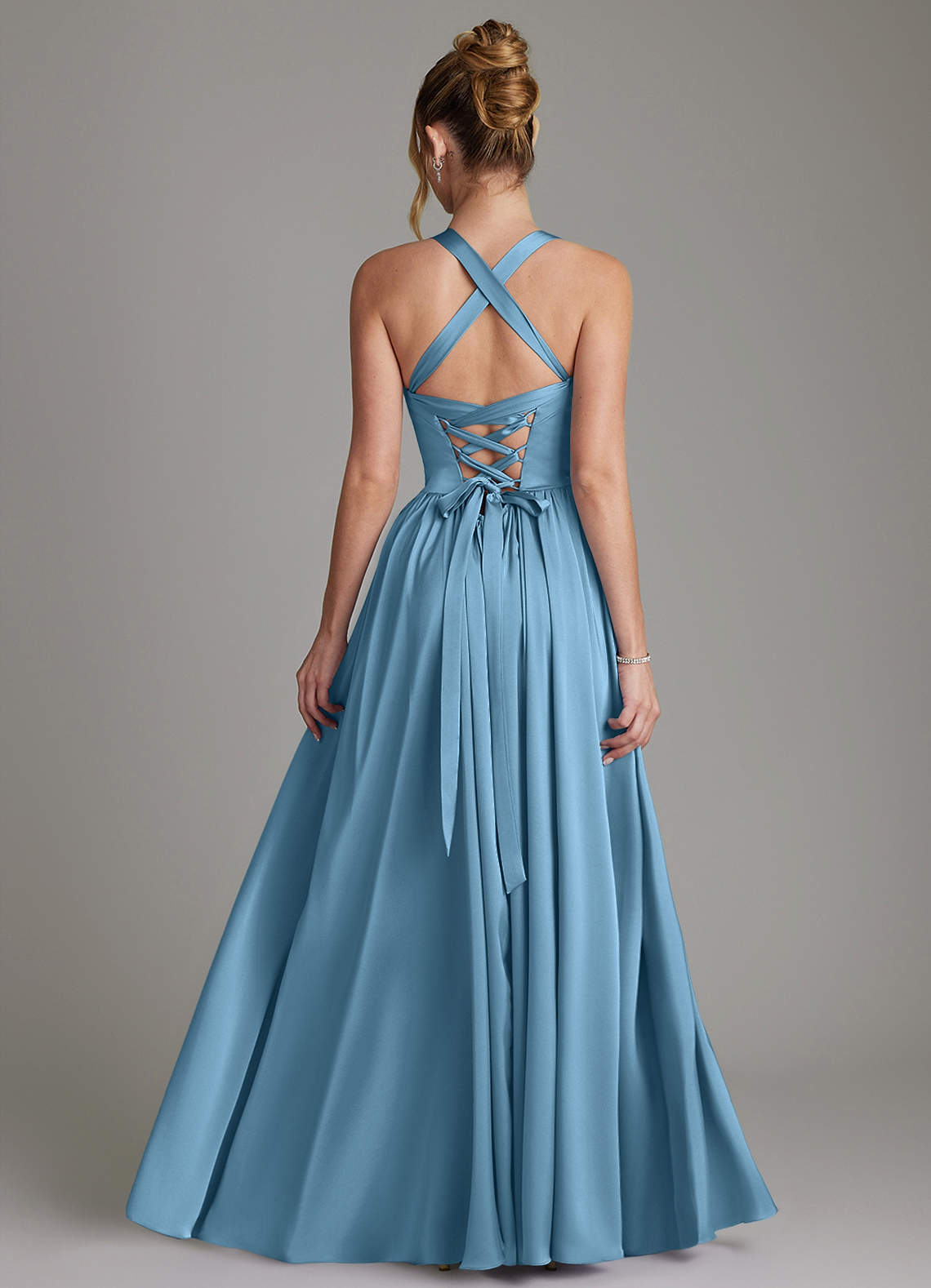 Francis A-Line V-Neck Stretch Satin Bridesmaid Dress in Steel Blue