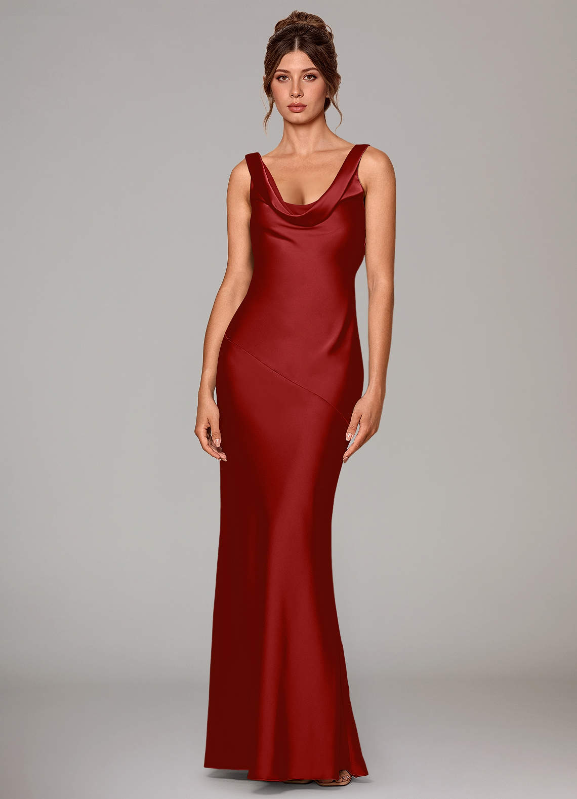 Rylina Mermaid Cowl-Neck Stretch Satin Bridesmaid Dress in Pomegranate