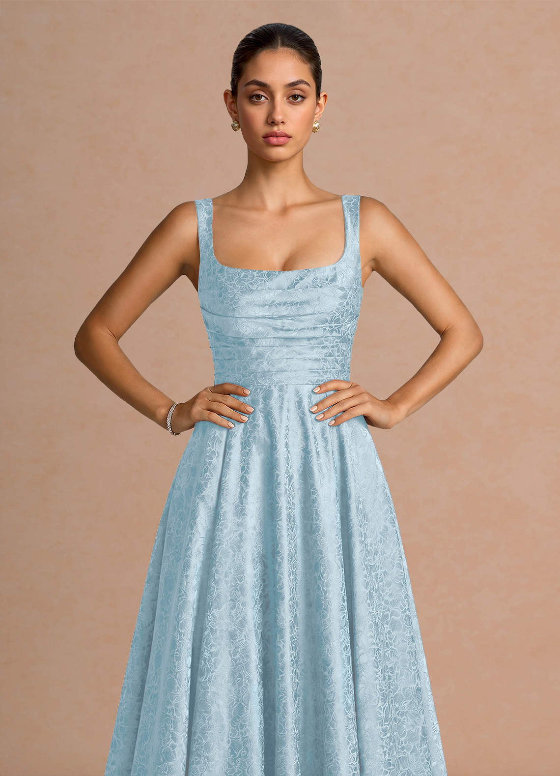 Elowena A-Line Square-Neck Satin Jacquard Evening Dress in Sky Blue