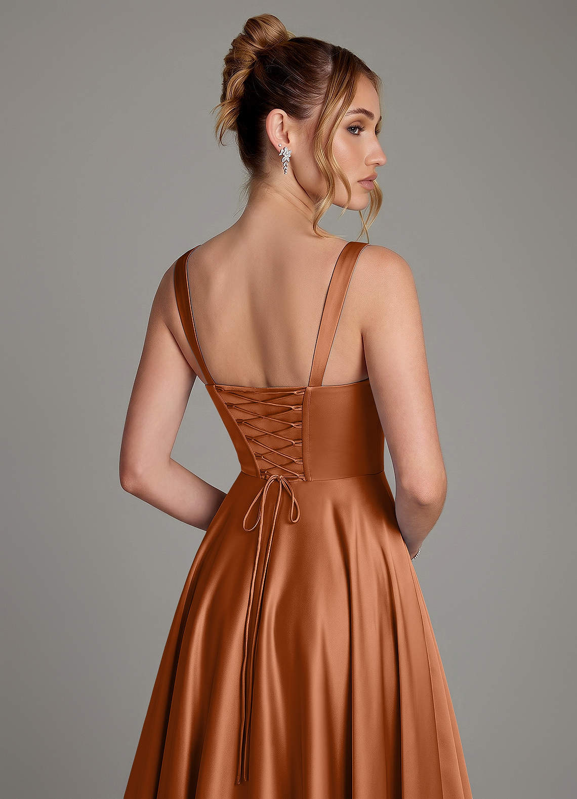 Azaria A-Line Square-Neck Stretch Satin Bridesmaid Dress in Copper