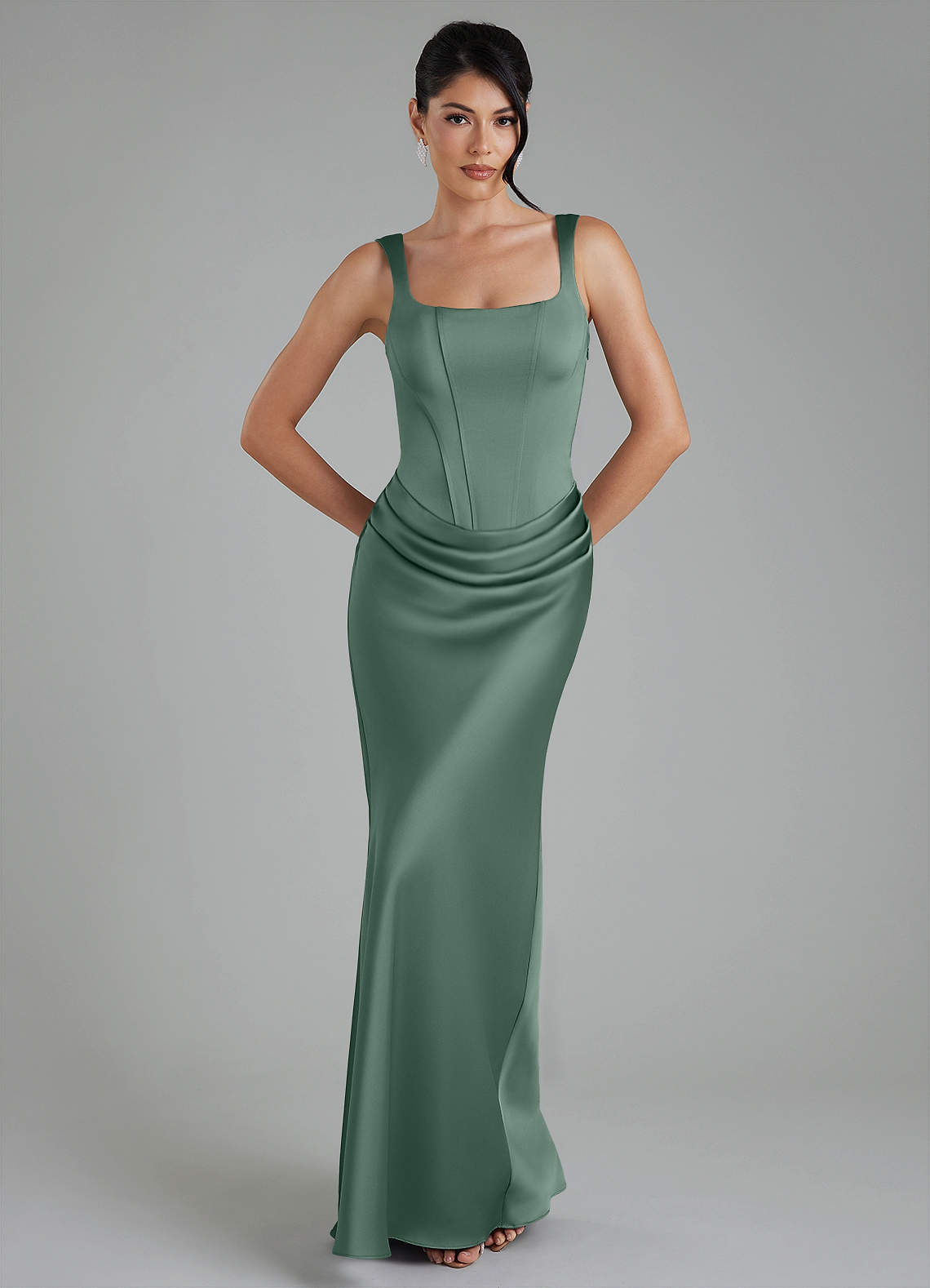 Etta Mermaid Square-Neck Stretch Satin Bridesmaid Dress in Eucalyptus